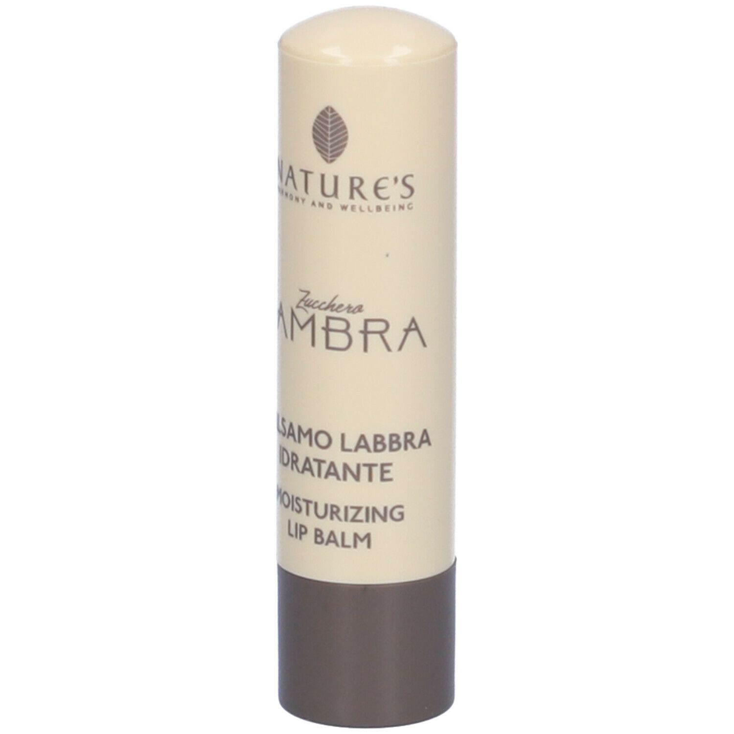 Stick balsamo labbra. Beige-marrone. Testo: NATURE'S, Zucchero d'Ambra, Balsamo Labbra Idratante, Moisturizing Lip Balm.