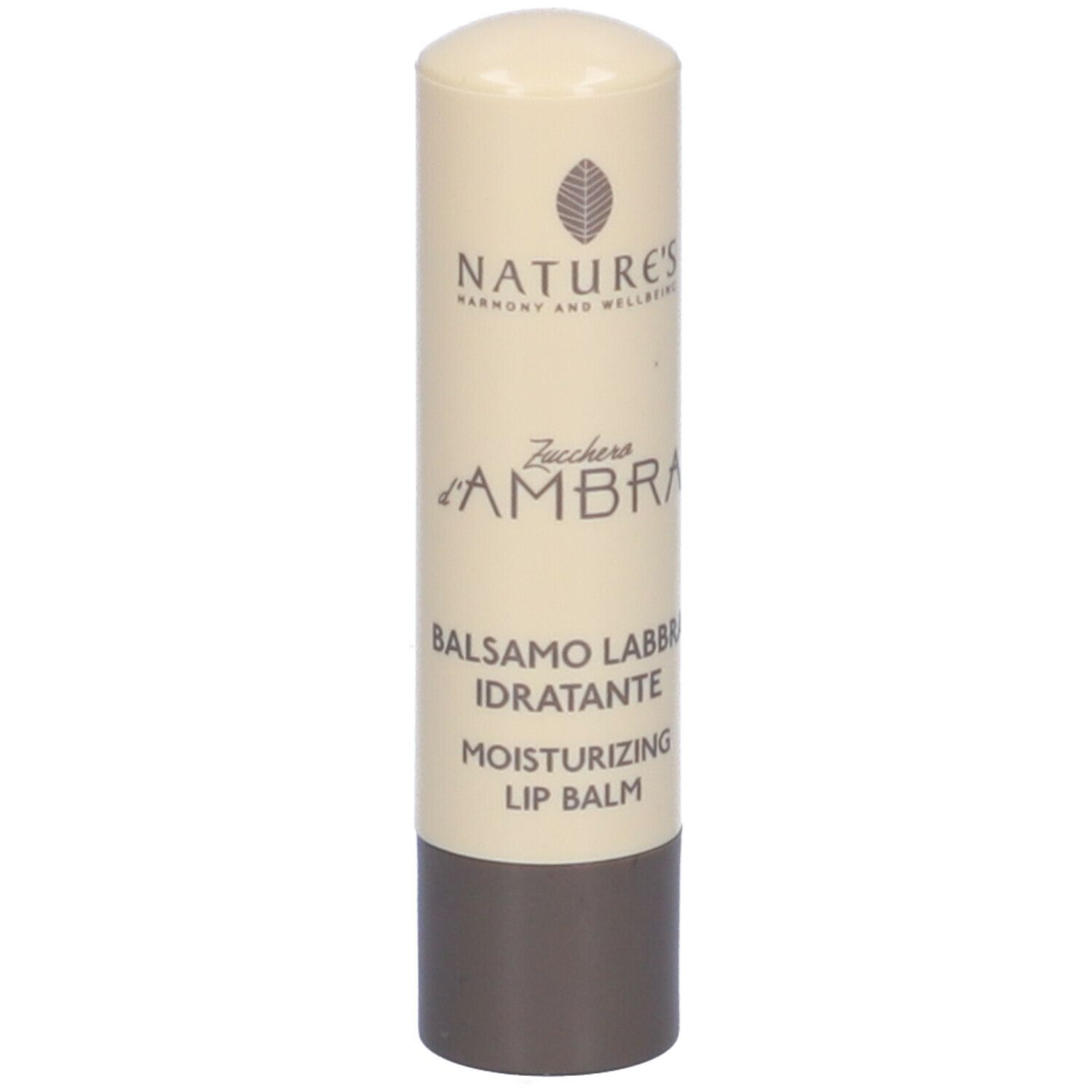 Stick balsamo labbra. Beige-marrone. Testo: NATURE'S, Zucchero d'Ambra, Balsamo Labbra Idratante, Moisturizing Lip Balm.