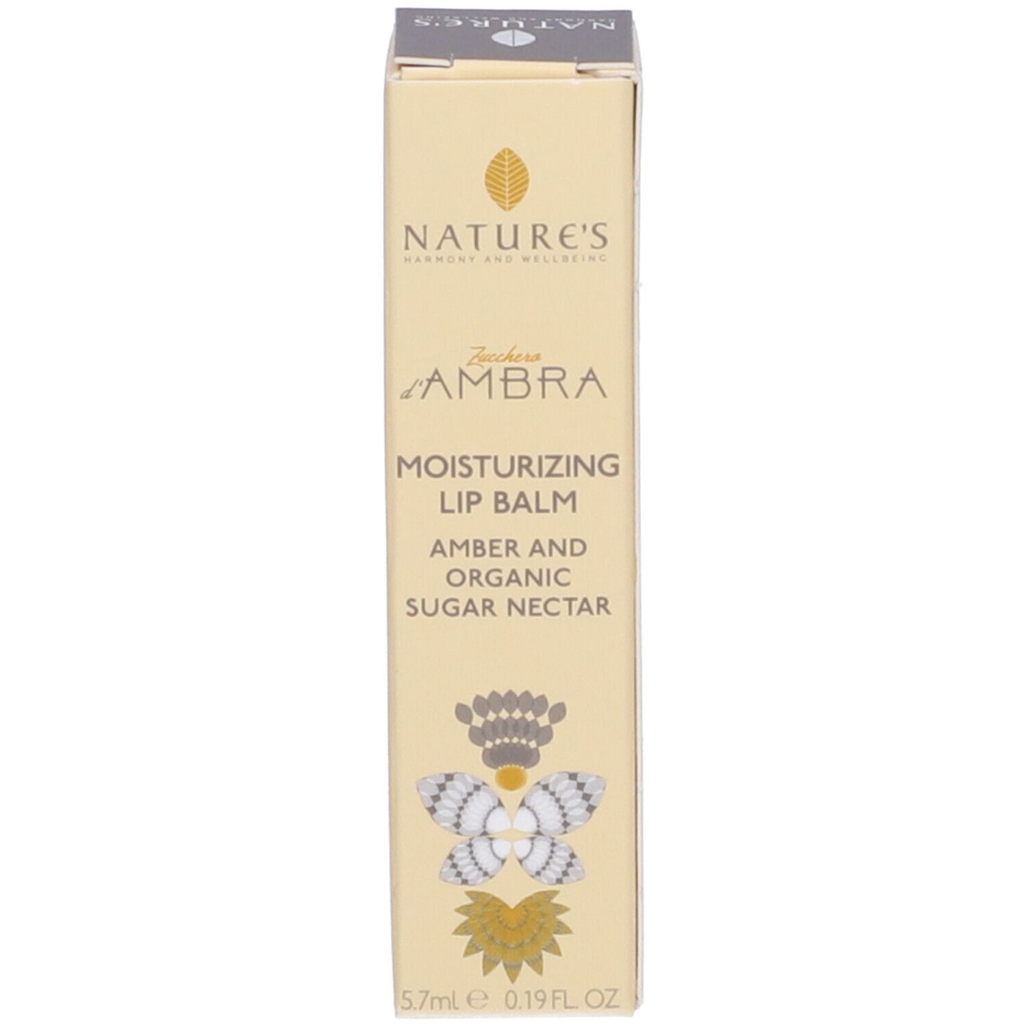 Confezione. Colori beige-marrone. Testo: NATURE'S, Zucchero d'Ambra, Moisturizing Lip Balm, Amber and Organic Sugar Nectar.