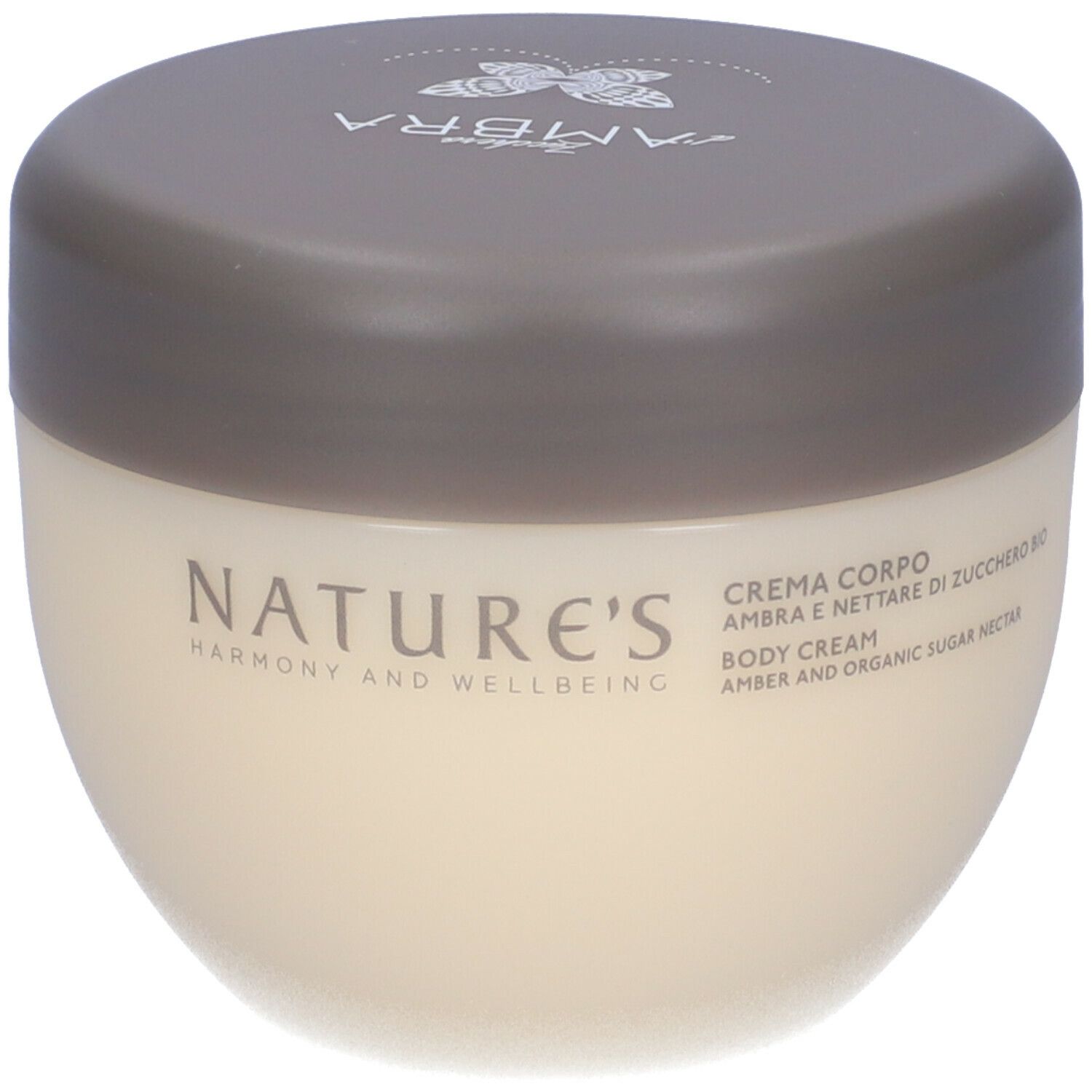 Vaso di crema con coperchio. Scritta NATURE'S, sotto CREMA CORPO. Testo: Ambra e nettare di zucchero bio.