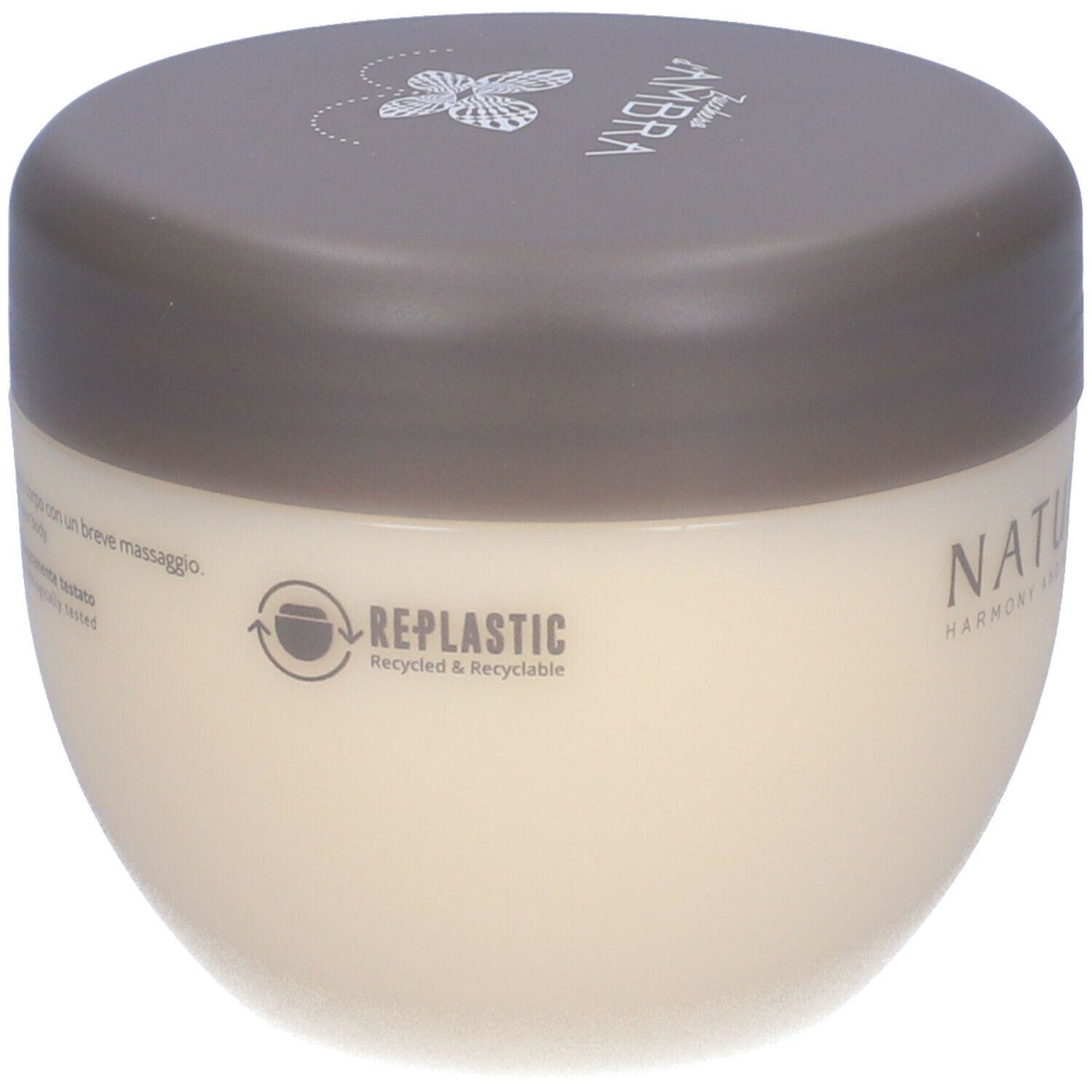 Vaso di crema con coperchio. Scritta NATURE'S. Testo: RE-PLASTIC, riciclato e riciclabile. Logo riciclo.