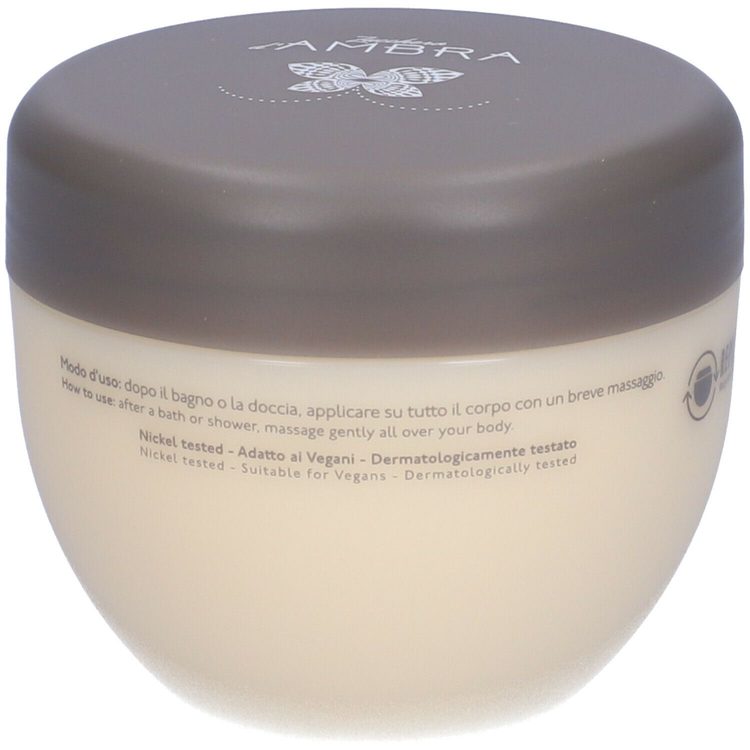 Vaso di crema con coperchio. Scritta NATURE'S. Testo: Modo d'uso, Nickel testato, Adatto ai Vegani, Dermatologicamente testato.
