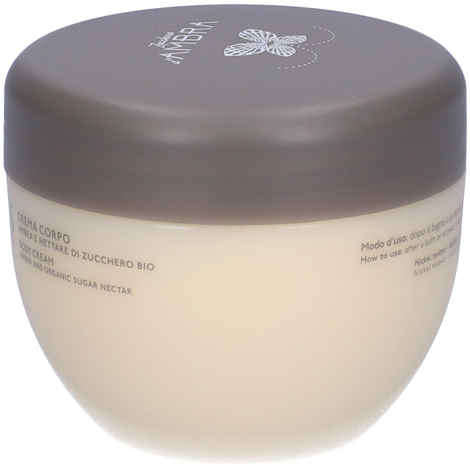 Vaso di crema con coperchio. Scritta NATURE'S. Testo: CREMA CORPO, Ambra e nettare di zucchero bio, BODY CREAM.