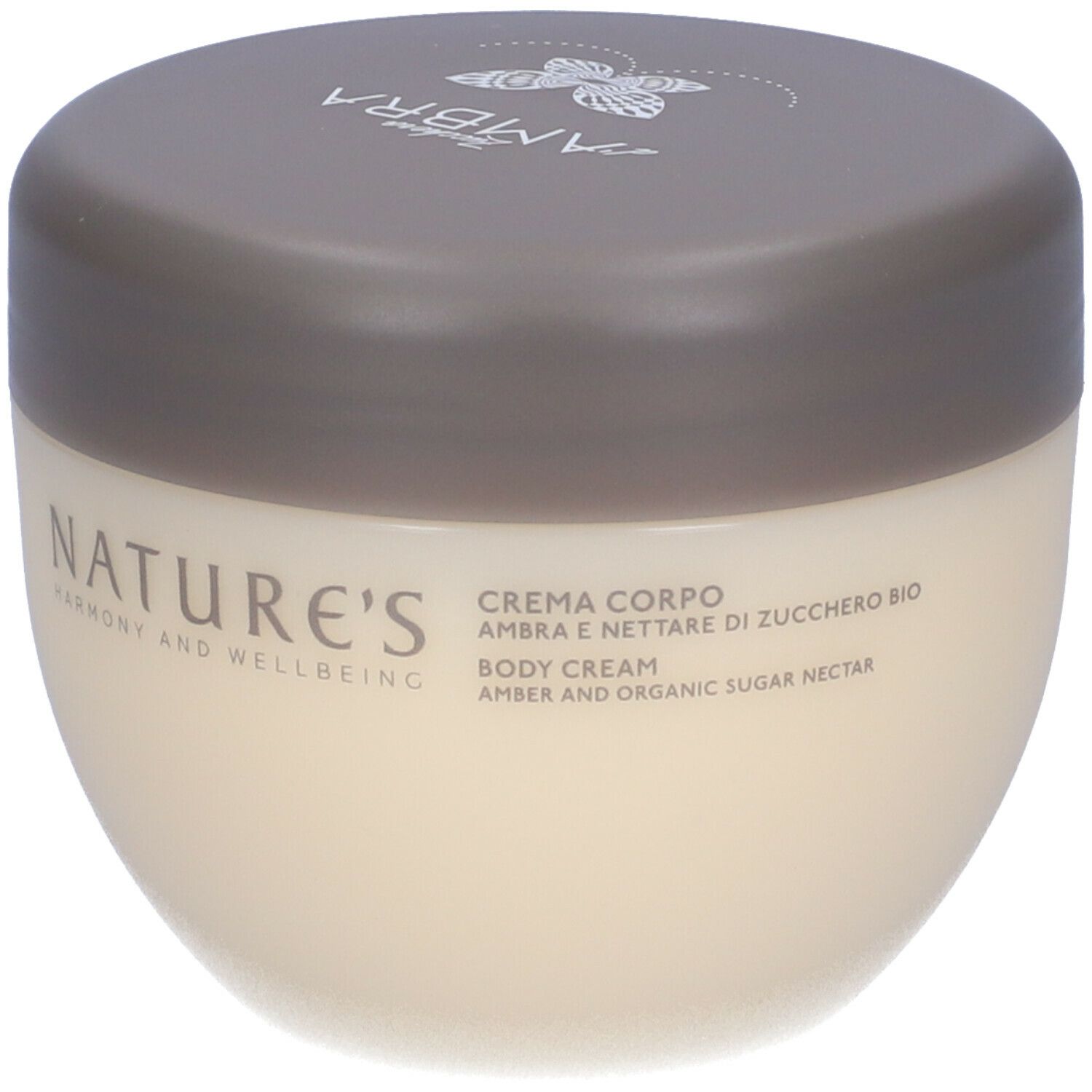 Vaso di crema con coperchio. Scritta NATURE'S. Testo: CREMA CORPO, Ambra e nettare di zucchero bio, BODY CREAM.