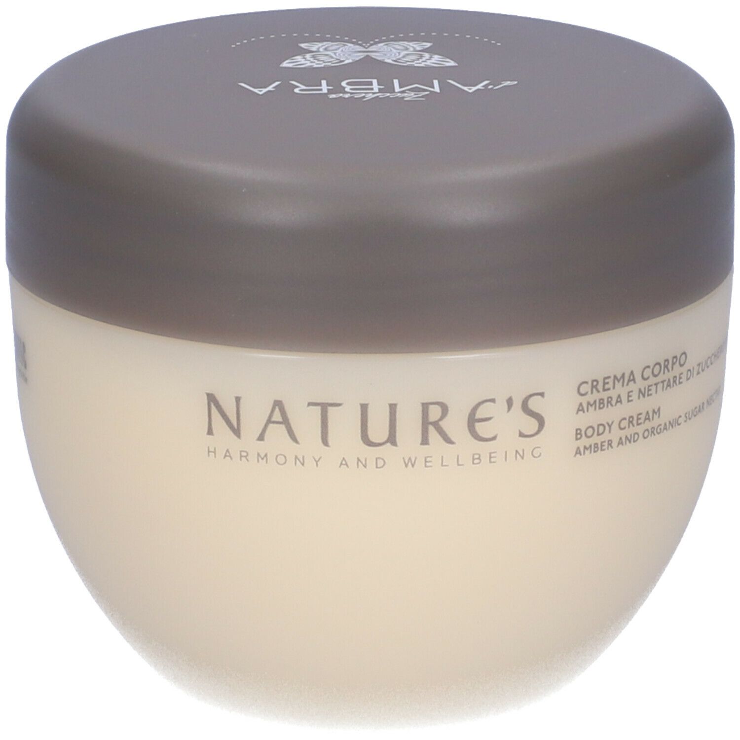 Vaso di crema con coperchio. Scritta NATURE'S. Testo: CREMA CORPO, Ambra e nettare di zucchero bio, BODY CREAM.