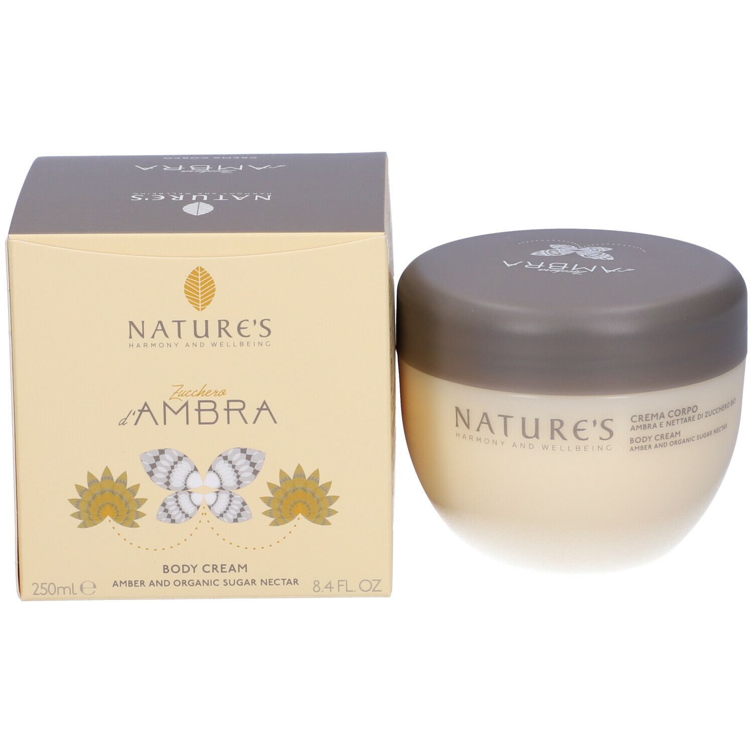Vaso di crema e scatola. Scritta NATURE'S, Zucchero d'Ambra, BODY CREAM. Volume: 250ml, 8.4 FL. OZ.