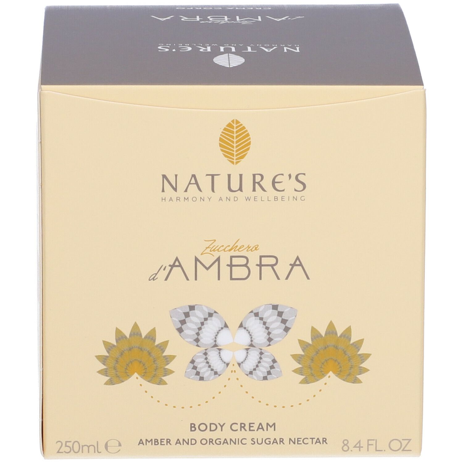 Scatola. Scritta NATURE'S, Zucchero d'Ambra, BODY CREAM. Volume: 250ml, 8.4 FL. OZ.