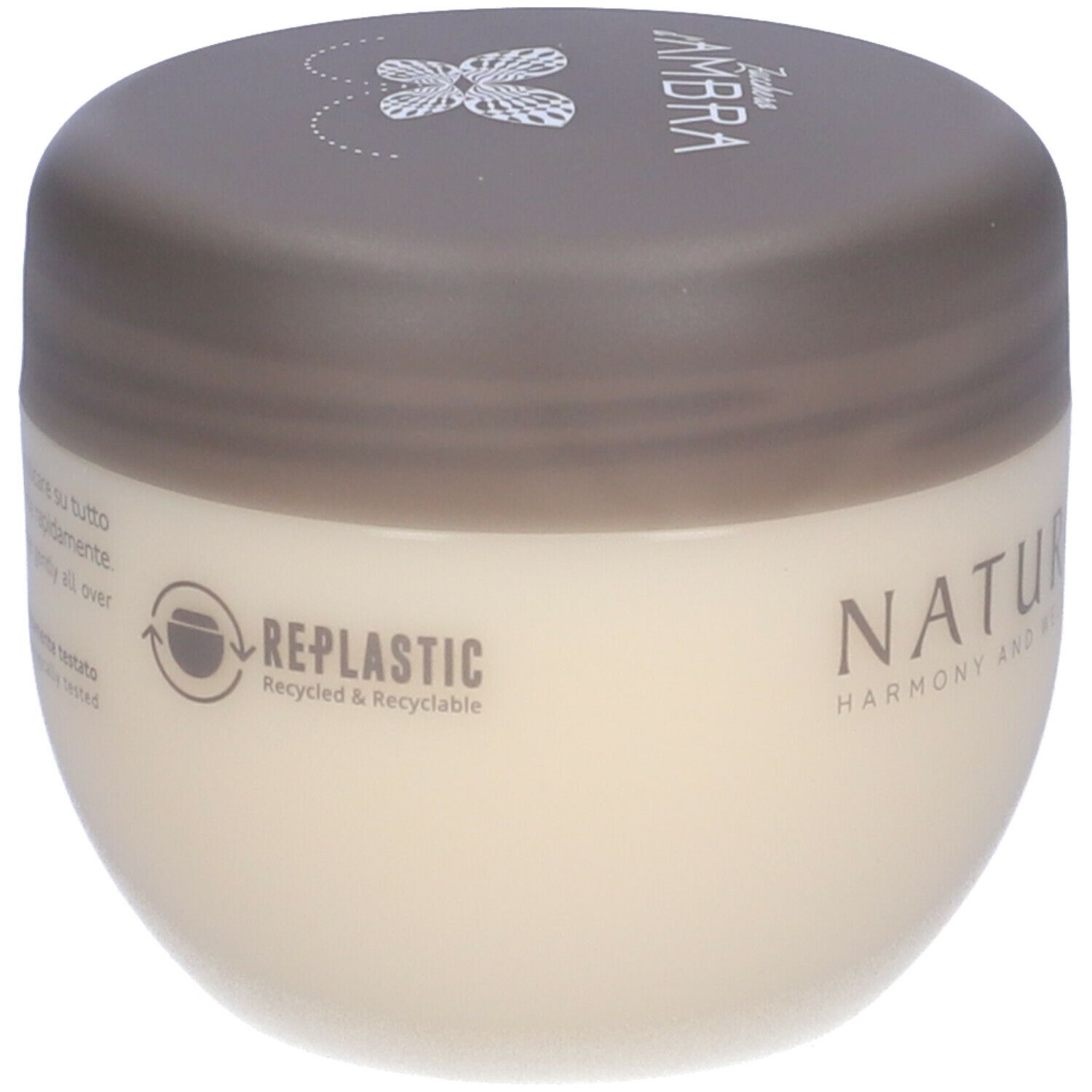 Vaso di crema con coperchio. Scritta NATURE'S, REPLASTIC, riciclato e riciclabile. Sul coperchio AMBRA.