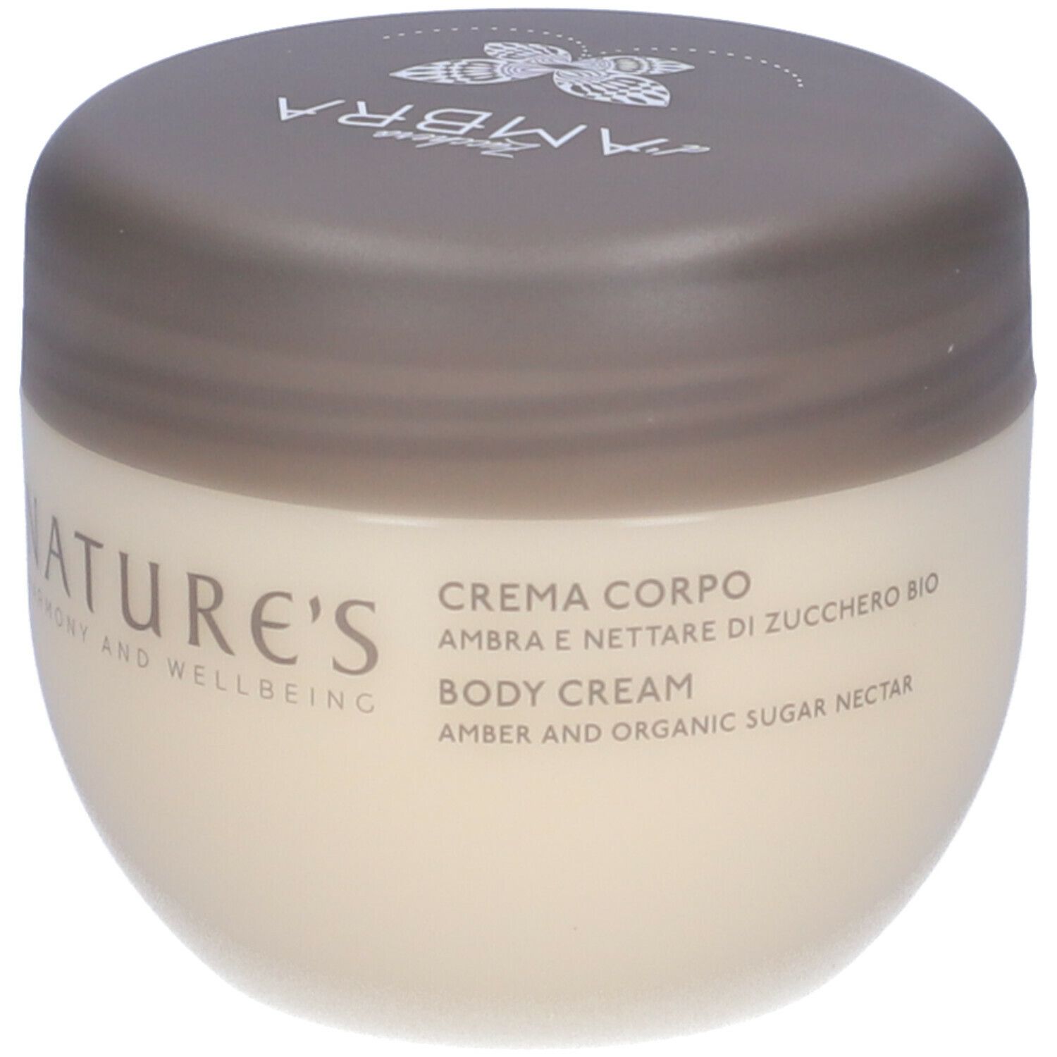 Vaso di crema con coperchio. Scritta NATURE'S, CREMA CORPO, AMBRA E NETTARE DI ZUCCHERO BIO, BODY CREAM, AMBER AND ORGANIC SUGAR NECTAR.