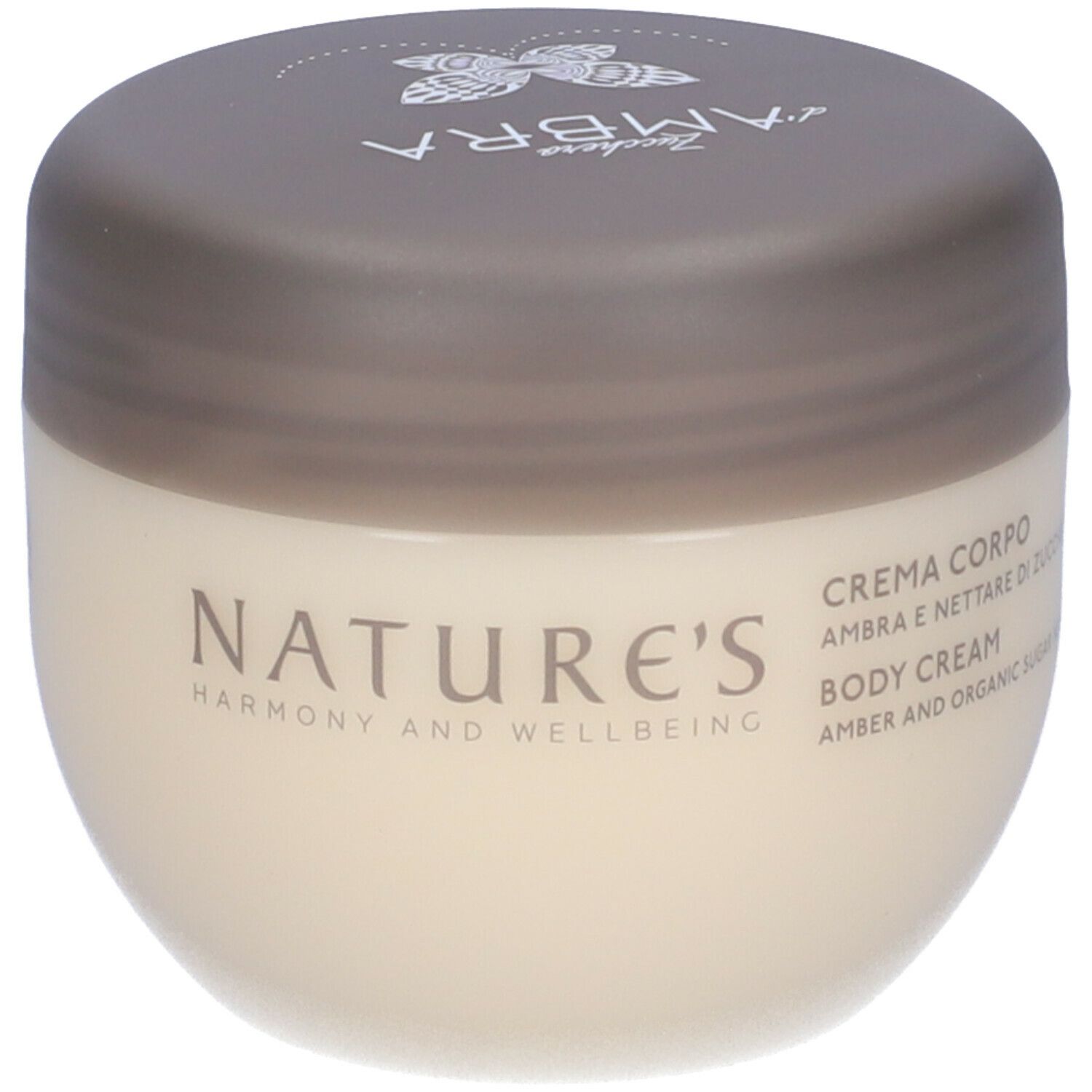 Vaso di crema con coperchio. Scritta NATURE'S, CREMA CORPO, AMBRA E NETTARE DI ZUCCHERO BIO, BODY CREAM, AMBER AND ORGANIC SUGAR NECTAR.