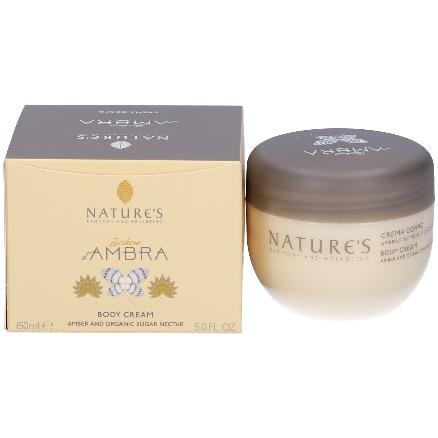 Vaso di crema e scatola. Scritta NATURE'S, Zucchero d'AMBRA, BODY CREAM, AMBER AND ORGANIC SUGAR NECTAR. 150ml, 5.0 FL. OZ.