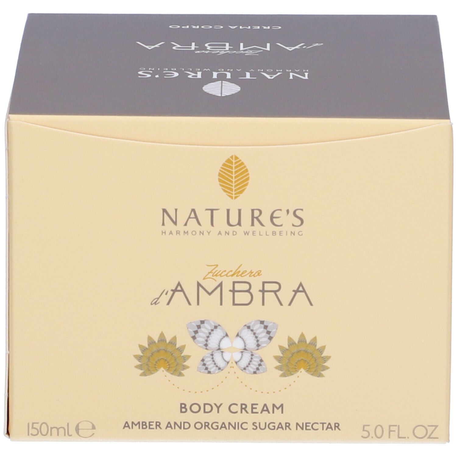 Scatola. Scritta NATURE'S, Zucchero d'AMBRA, BODY CREAM, AMBER AND ORGANIC SUGAR NECTAR. 150ml, 5.0 FL. OZ.