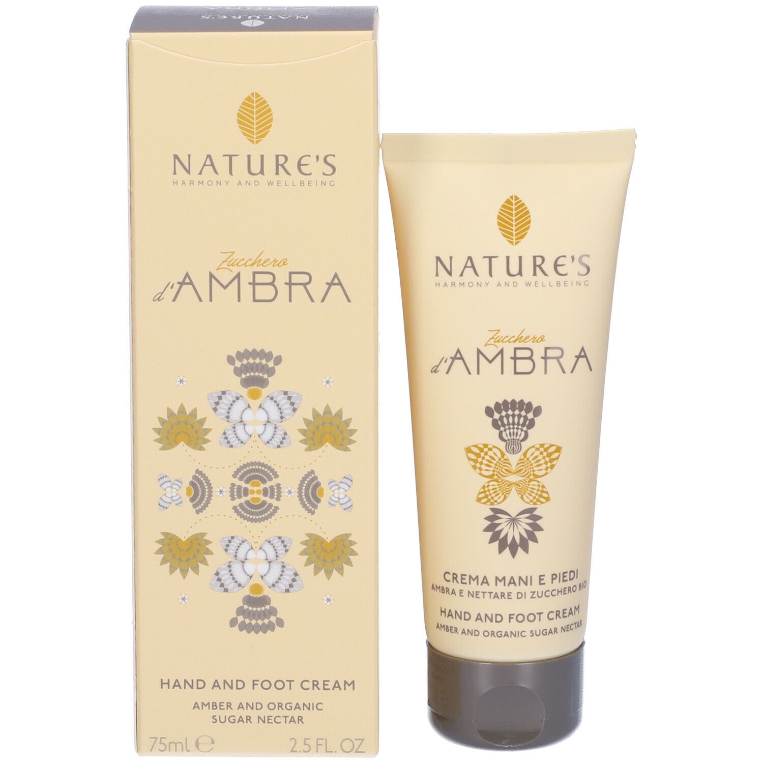 Confezione del prodotto con tubo e scatola. Crema per mani e piedi. Confezione beige con nome e logo del prodotto. 75 ml.