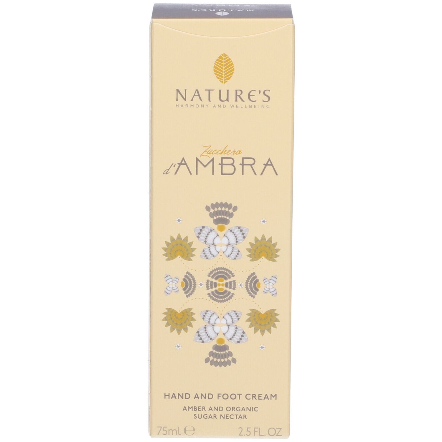Confezione del prodotto. Crema per mani e piedi. Scatola beige con nome e logo del prodotto. 75 ml.