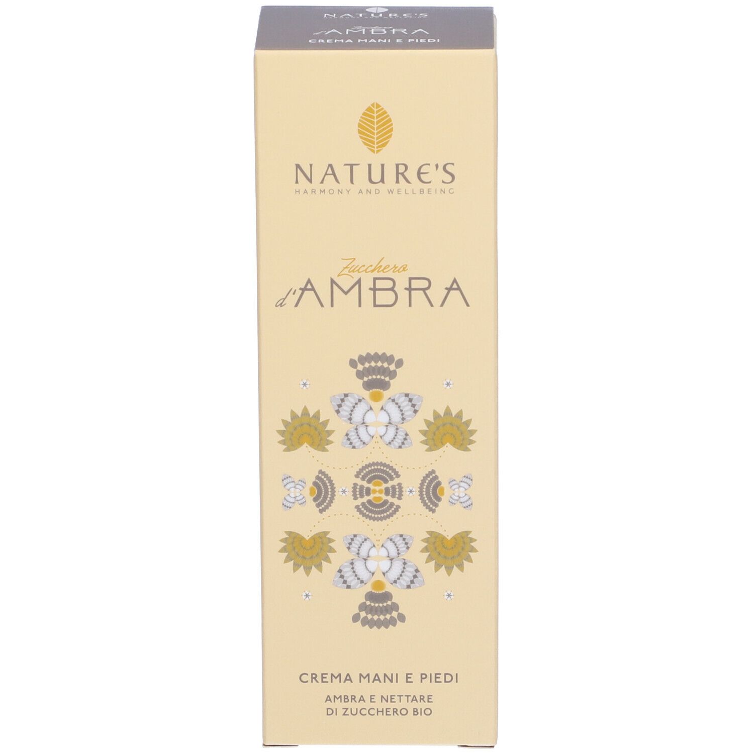 Confezione del prodotto. Crema per mani e piedi. Scatola beige con nome e logo del prodotto.