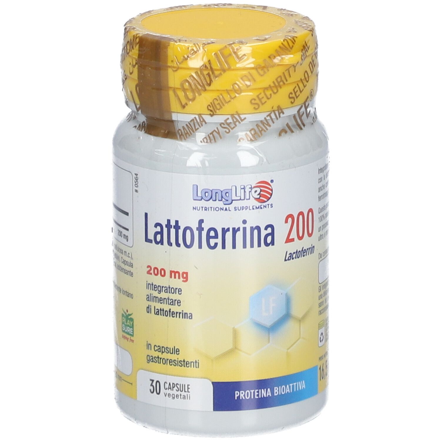 Nahrungsergänzungsmittel-Fläschchen mit gelbem Deckel und Siegel. Aufschrift: LongLife Lattoferrina 200. 30 Kapseln.