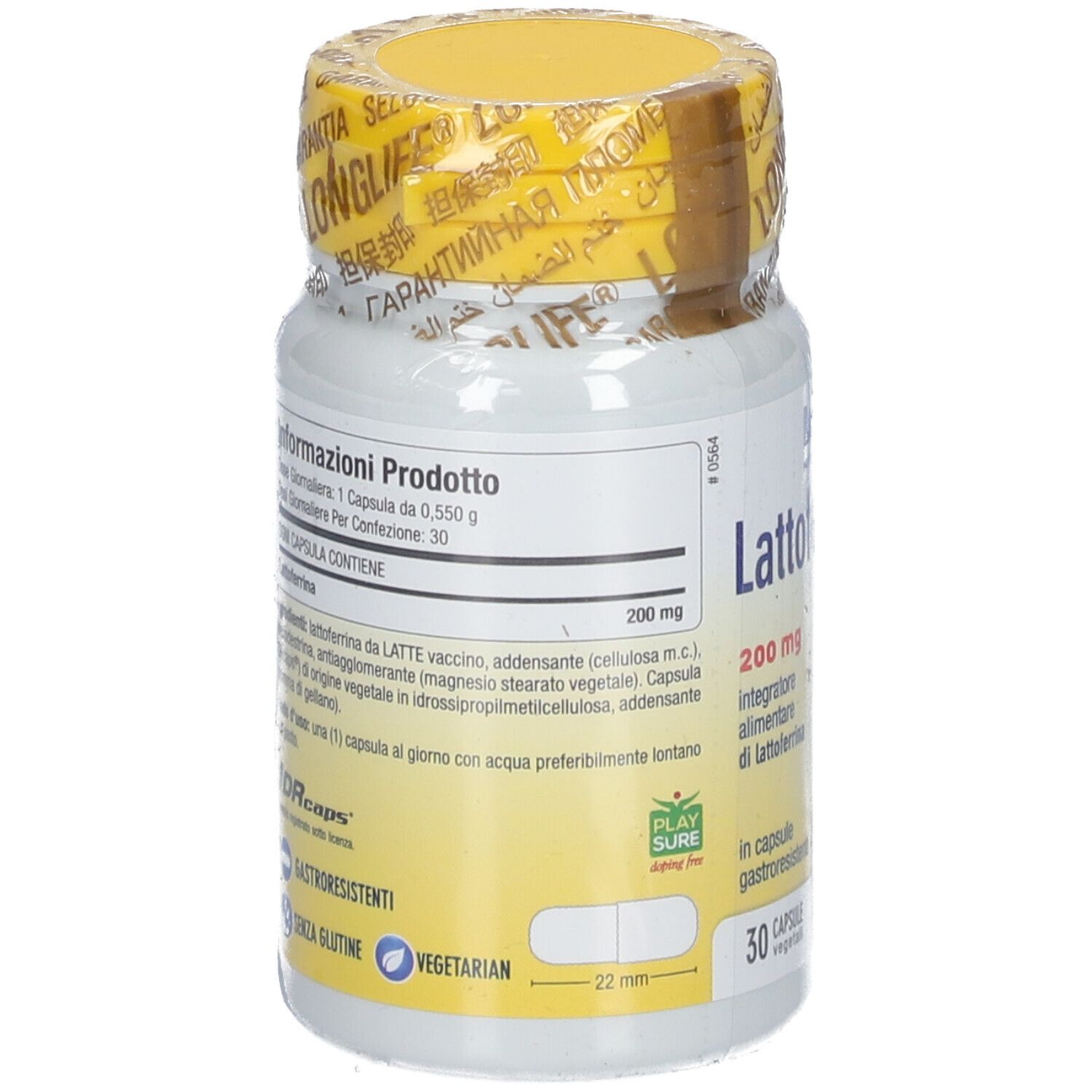 Nahrungsergänzungsmittel-Fläschchen mit gelbem Deckel. Rückseite mit Produktinformationen. 30 Kapseln, vegetarisch.