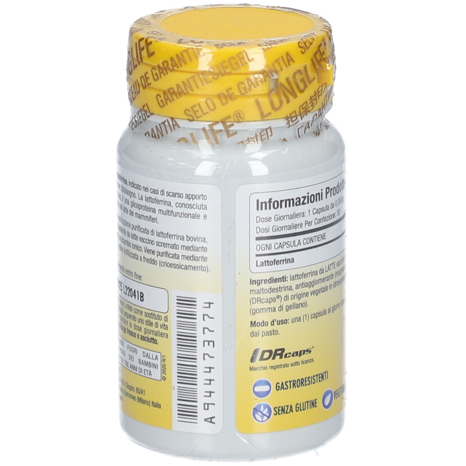 Nahrungsergänzungsmittel-Fläschchen mit gelbem Deckel. Rückseite mit Produktinformationen und Inhaltsstoffen. 30 Kapseln.