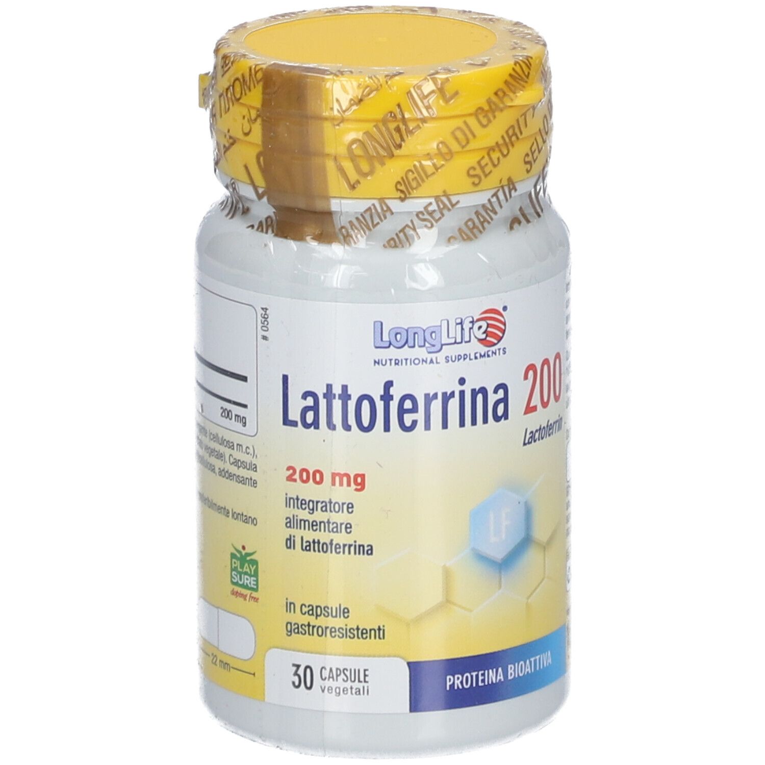 Nahrungsergänzungsmittel-Fläschchen mit gelbem Deckel. Rückseite mit Produktinformationen und Inhaltsstoffen. 30 Kapseln.