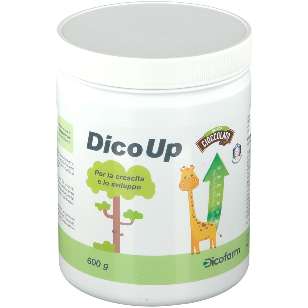 Weißer Behälter mit Deckel. Aufschrift DicoUp, Schokoladengeschmack, 600 g. Abbildung: Giraffe, Baum, Pfeil.