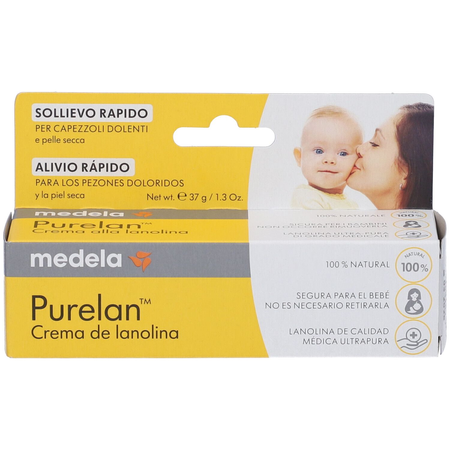 Schachtel mit Creme-Tube. Aufschrift: Medela Purelan Creme de lanolina. Bild: Mutter küsst Baby. Text in mehreren Sprachen.