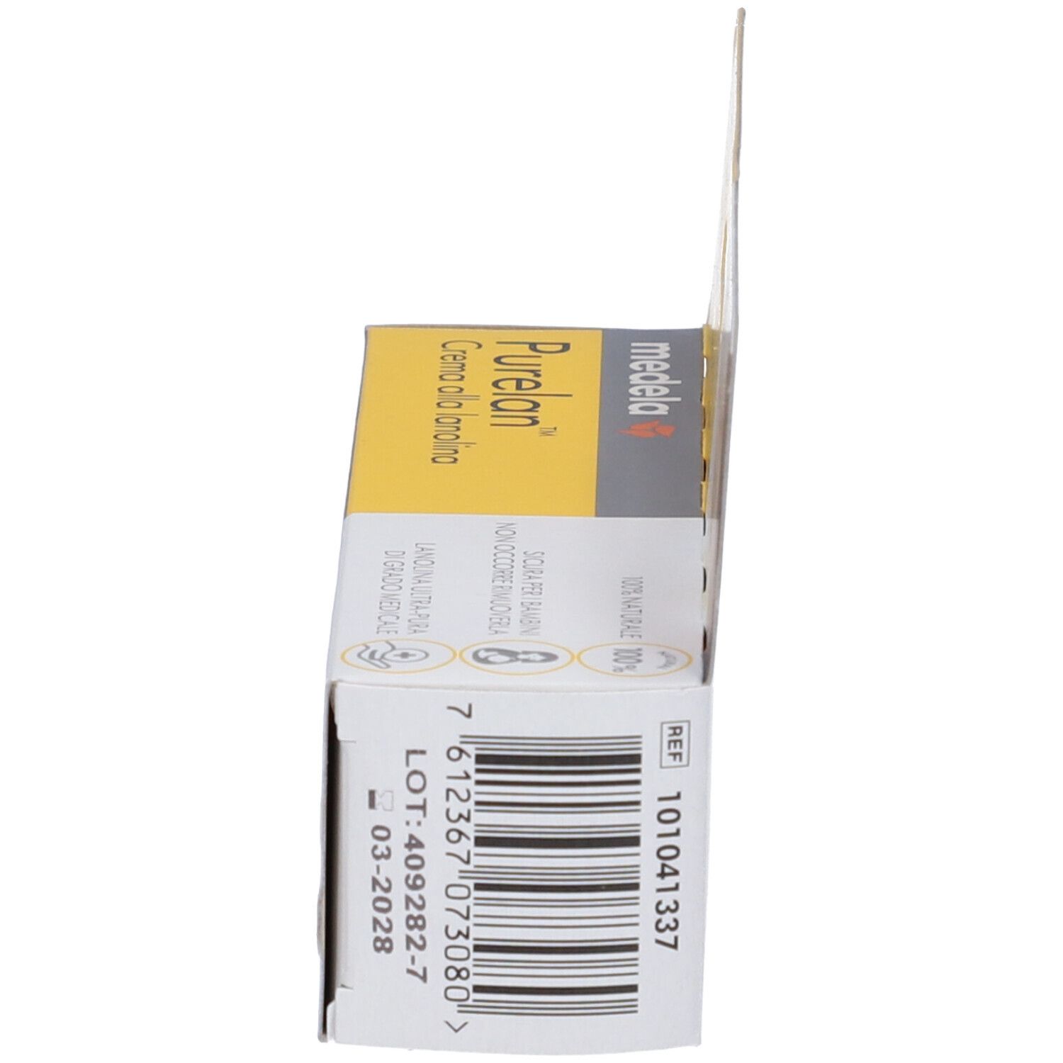 Seitenansicht der Schachtel. Aufschrift: Medela Purelan Creme de lanolina. Barcode und Verfallsdatum.
