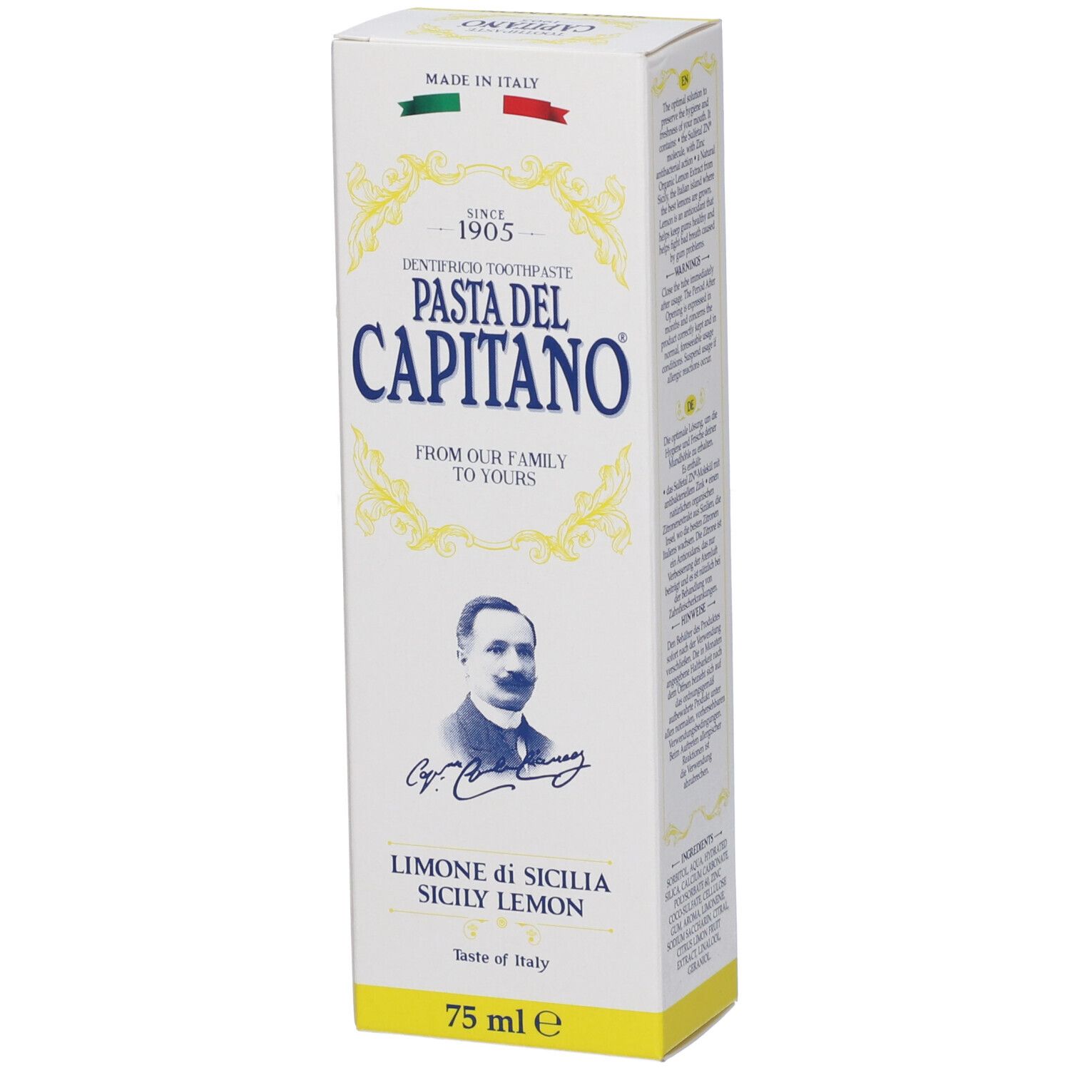 Scatola di dentifricio Pasta del Capitano, Limone di Sicilia. Bandiera italiana e ritratto. 75 ml.