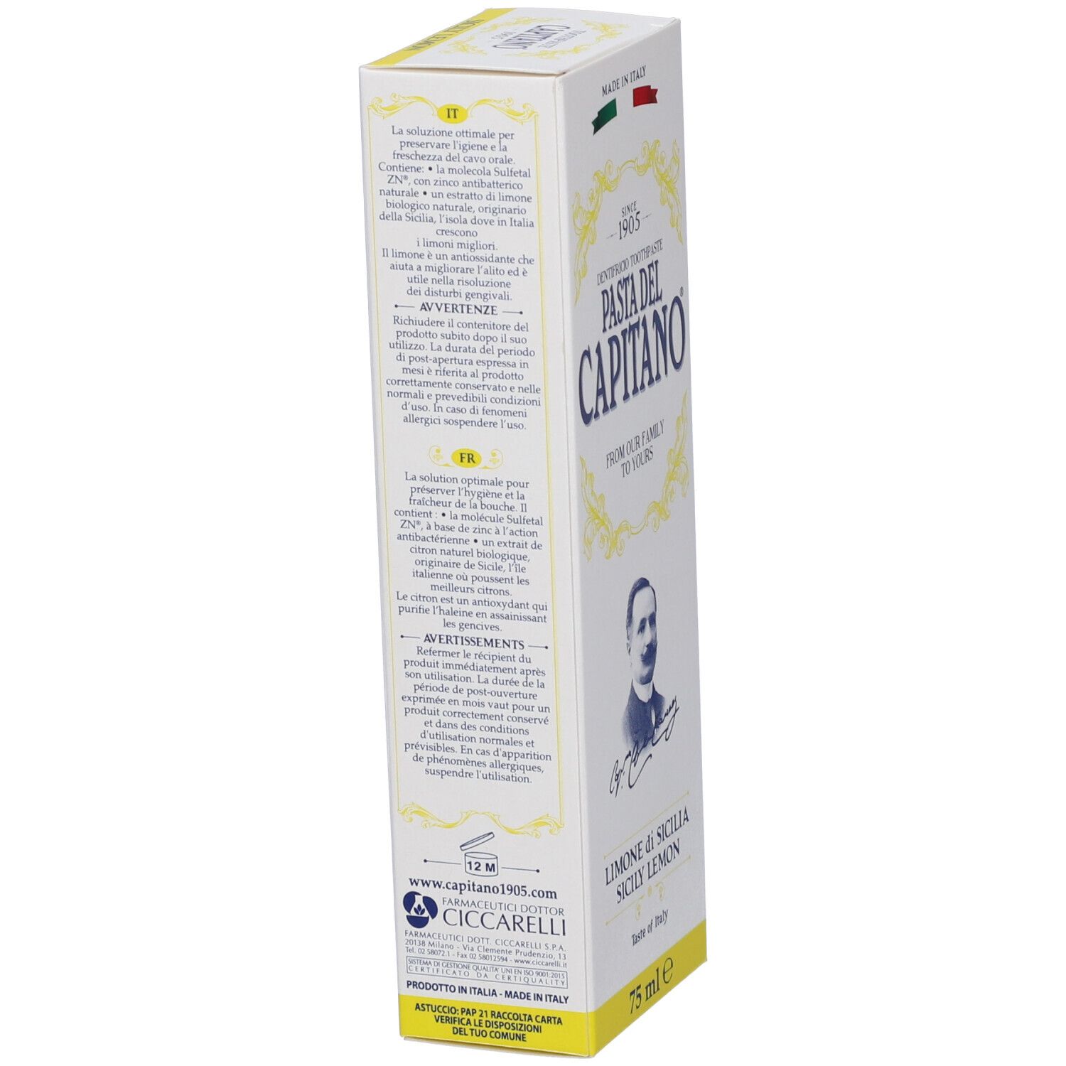 Scatola di dentifricio Pasta del Capitano, Limone di Sicilia. Testo in italiano e francese.