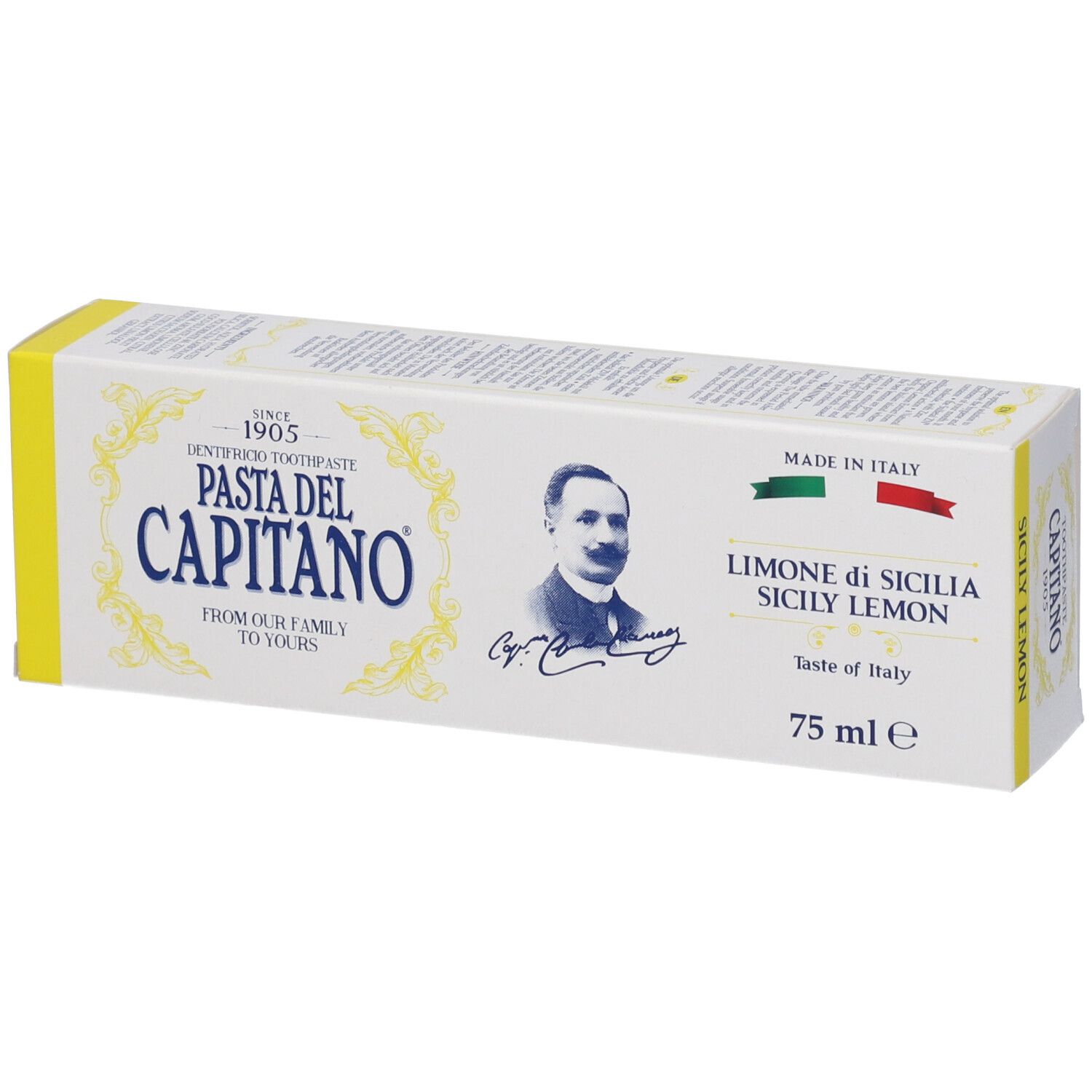 Scatola di dentifricio Pasta del Capitano, Limone di Sicilia. Bandiera italiana e ritratto. 75 ml.