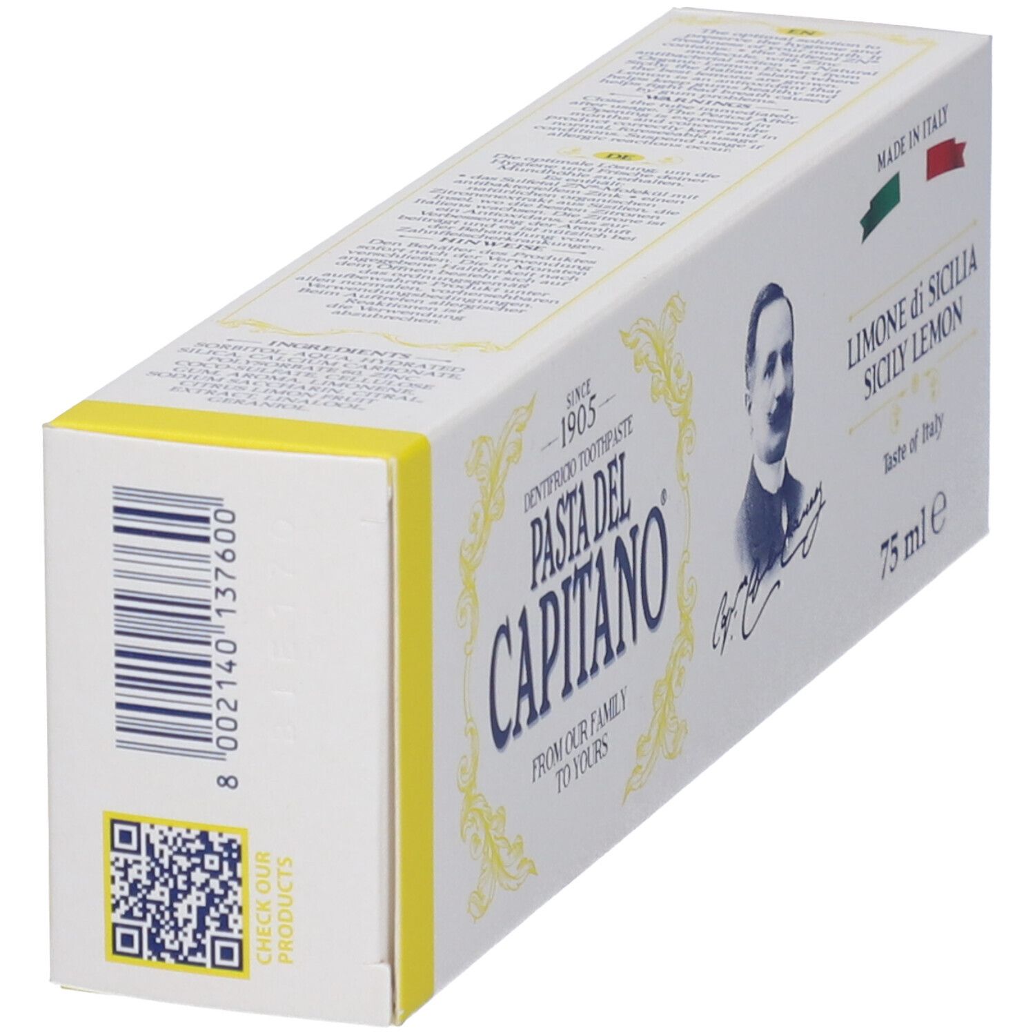 Scatola di dentifricio Pasta del Capitano, Limone di Sicilia. Codice QR e bandiera italiana. 75 ml.