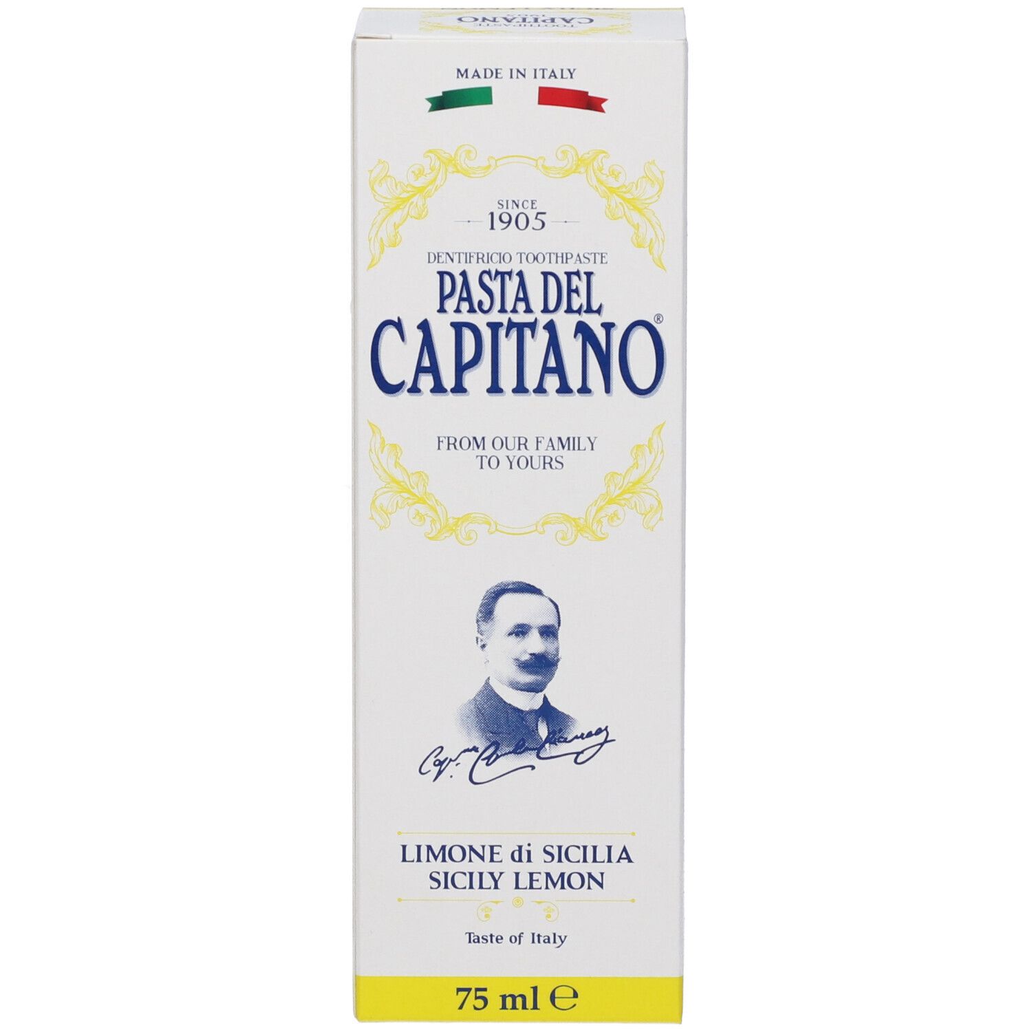Scatola di dentifricio Pasta del Capitano, Limone di Sicilia. Bandiera italiana e ritratto. 75 ml.