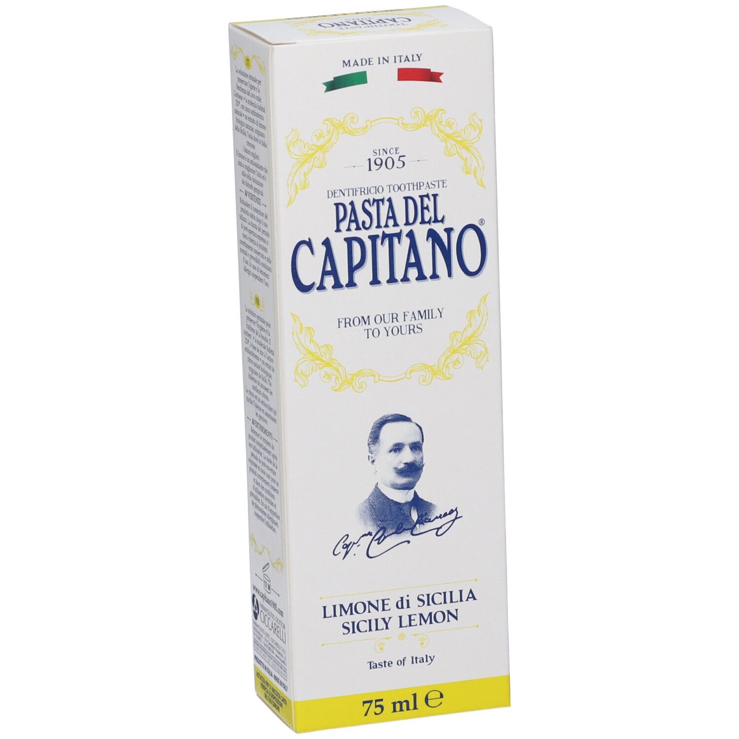 Scatola di dentifricio Pasta del Capitano, Limone di Sicilia. Bandiera italiana e ritratto. 75 ml.