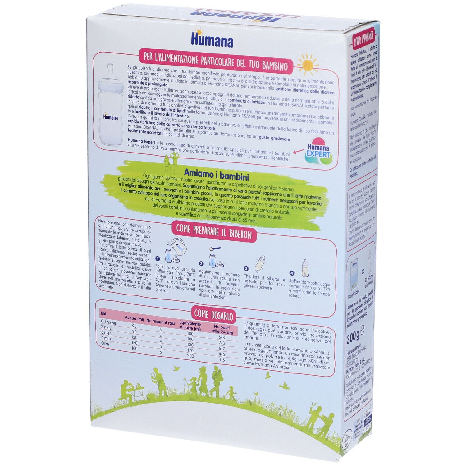 Retro della scatola Humana Expert Disanal. Testo e illustrazioni. Indicazione 300g.