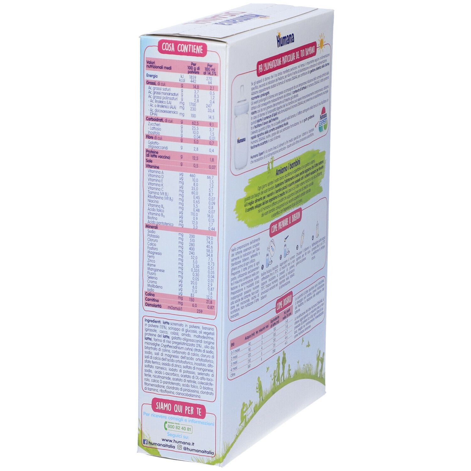 Lato della scatola Humana Expert Disanal. Testo e informazioni nutrizionali. Indicazione 300g.