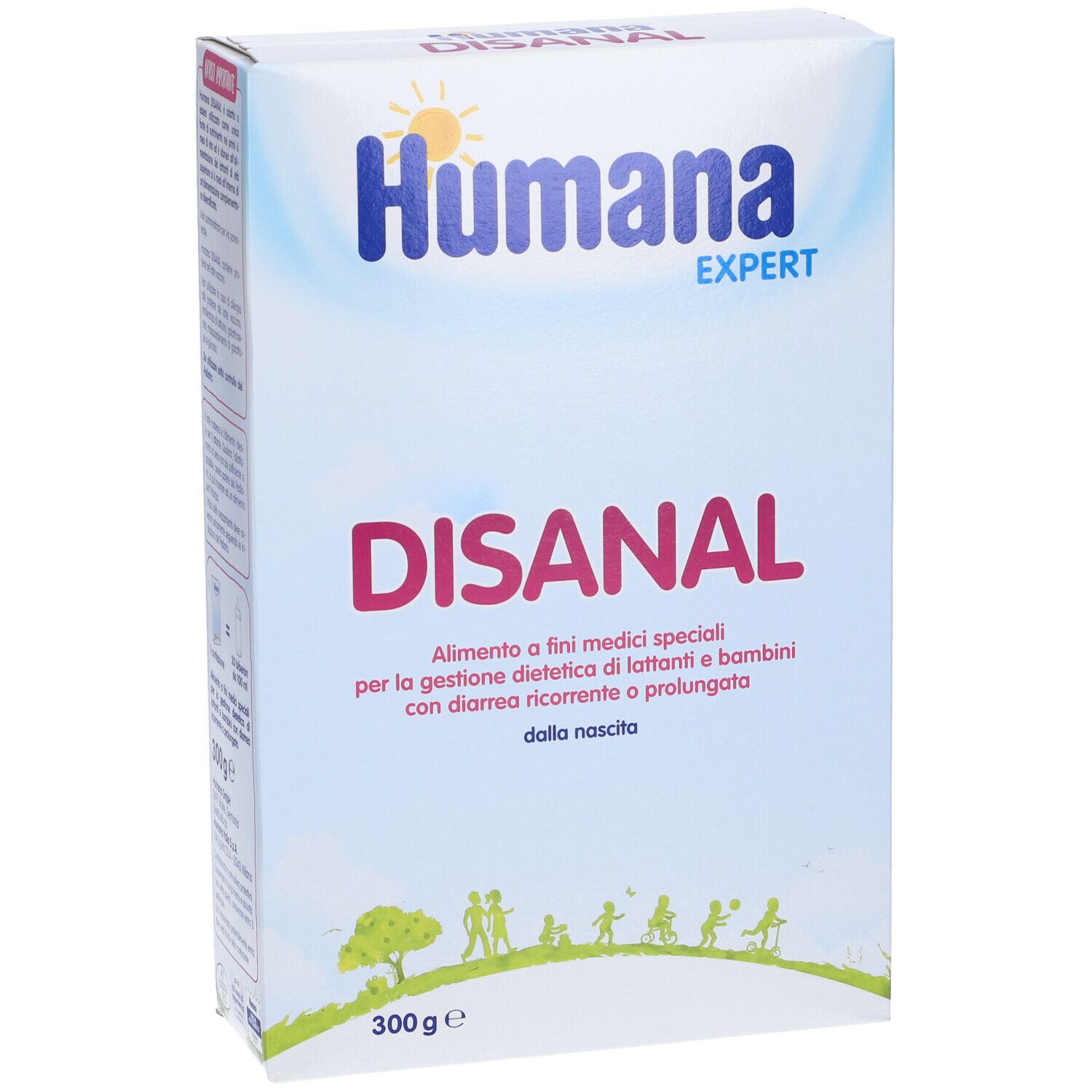 Scatola Humana Expert Disanal, angolata. Cartone bianco con logo, nome e testo. Indicazione 300g.