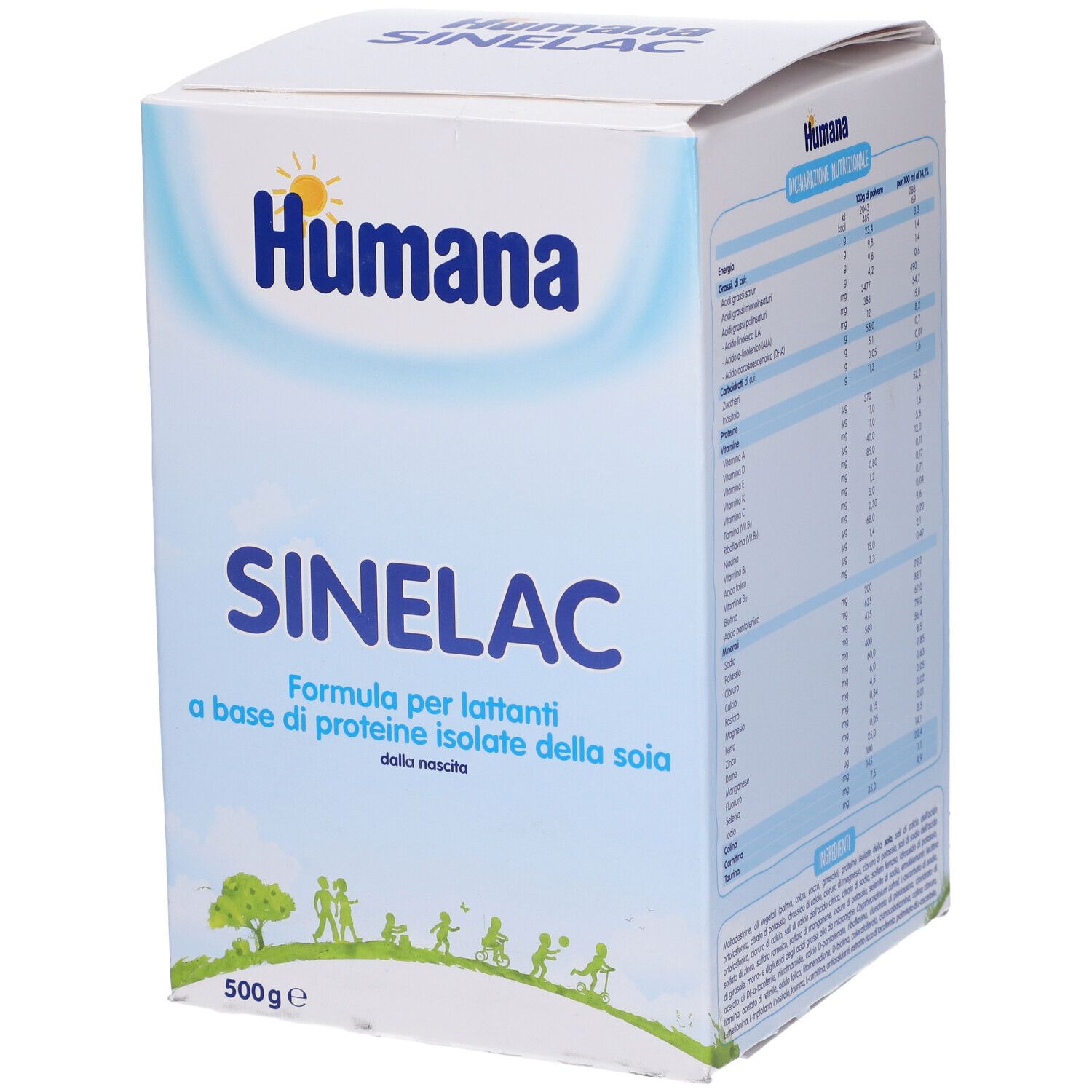 Scatola Humana Sinelac. Confezione bianca e blu con logo e nome del prodotto. Indicazione 500g.