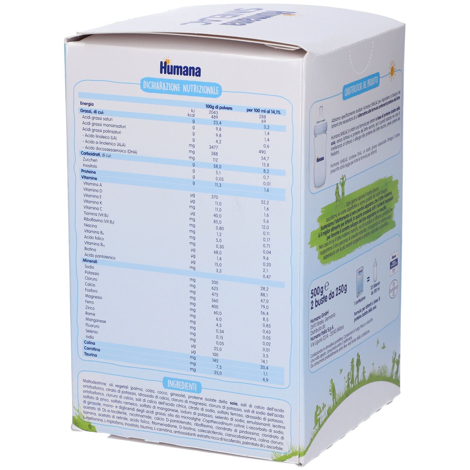 Scatola Humana Sinelac. Informazioni nutrizionali e ingredienti in italiano. Indicazione 500g.