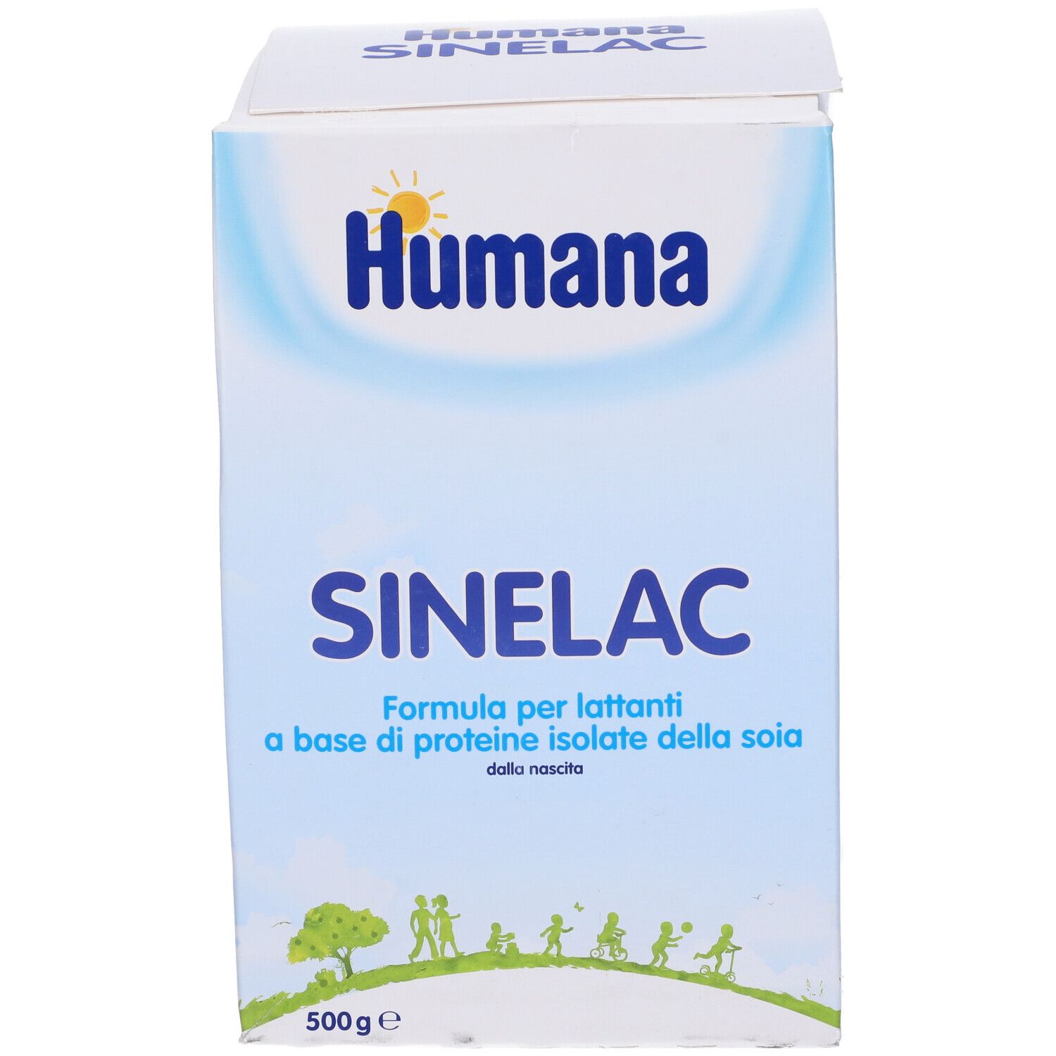 Scatola Humana Sinelac. Confezione bianca e blu con logo e nome del prodotto. Indicazione 500g.