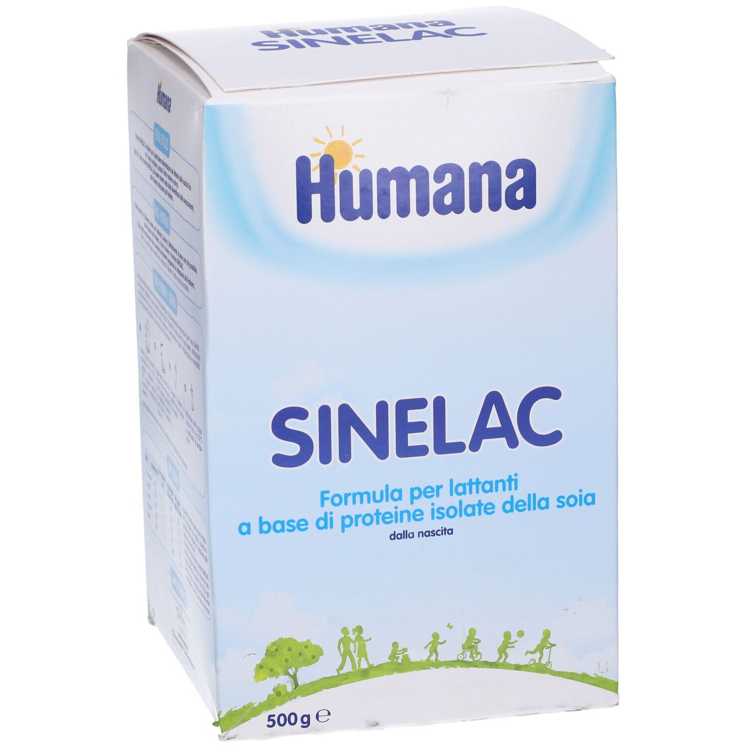 Scatola Humana Sinelac. Confezione bianca e blu con logo e nome del prodotto. Indicazione 500g.