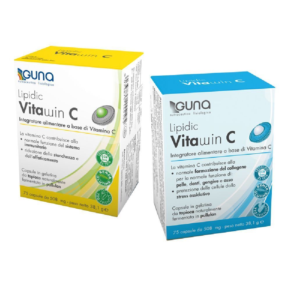 Due scatole di GUNA Lipidic Vitawin C. Confezioni gialle e blu con informazioni sul prodotto e logo.
