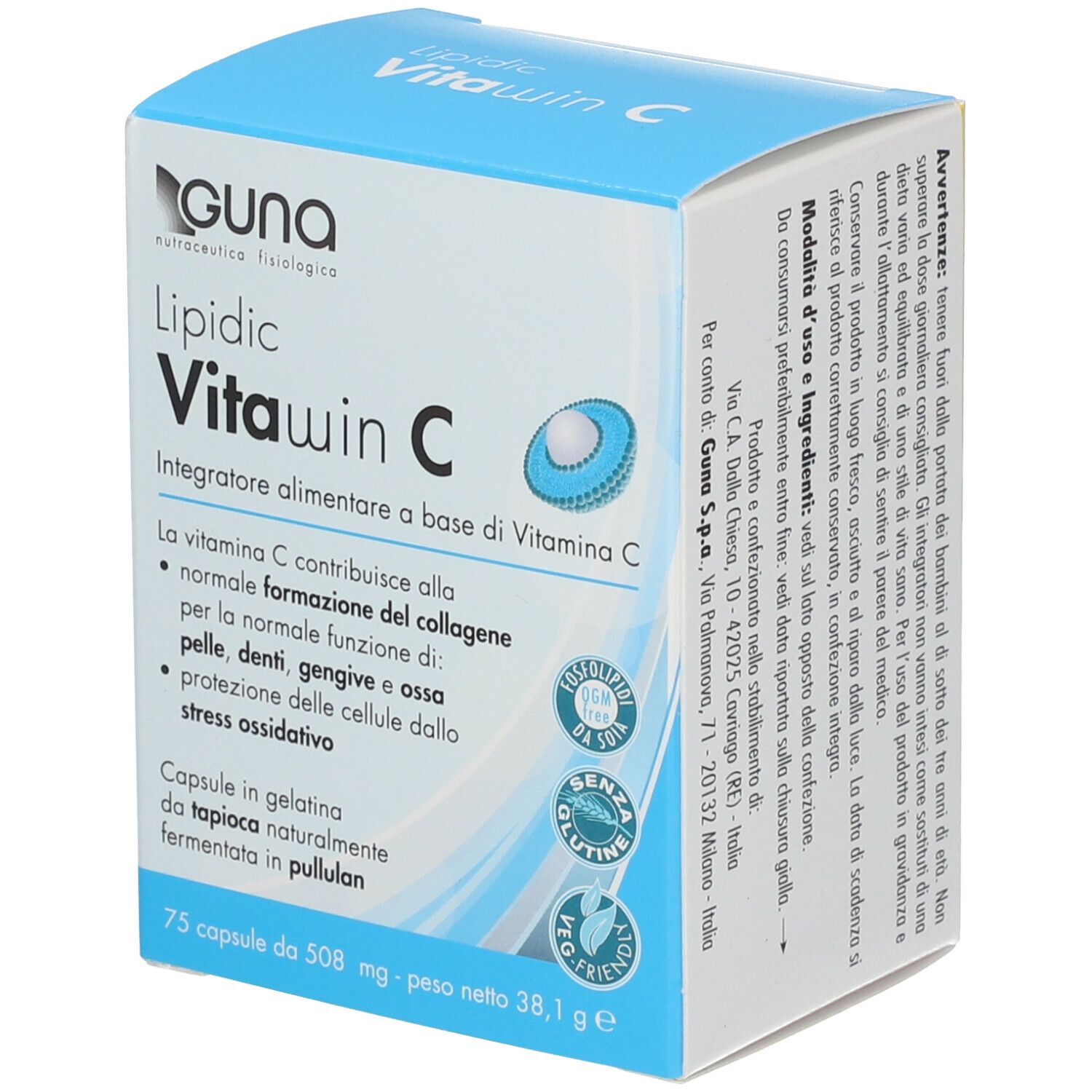Scatola blu GUNA Lipidic Vitawin C. Informazioni sul prodotto, logo e certificazioni visibili.