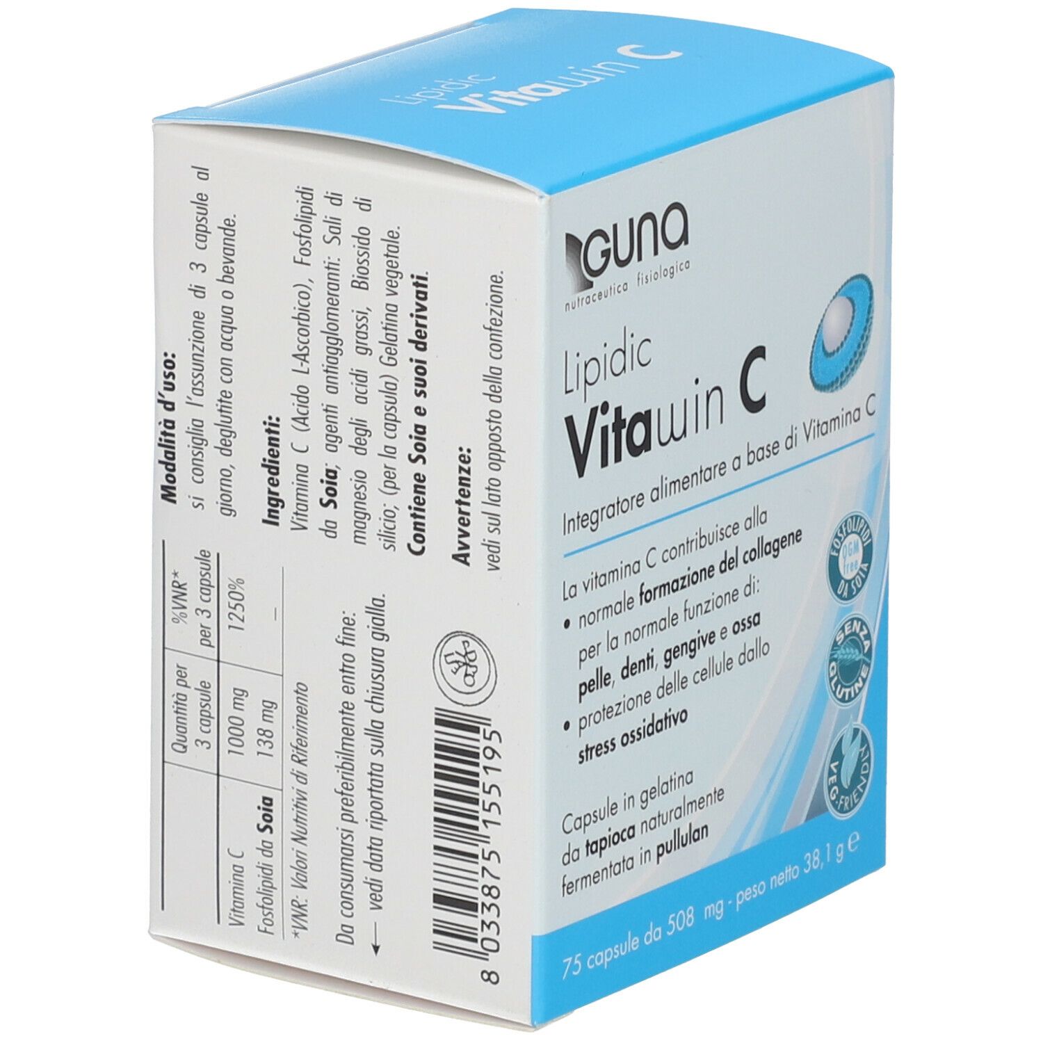 Scatola blu GUNA Lipidic Vitawin C. Informazioni sul prodotto, logo e certificazioni visibili.