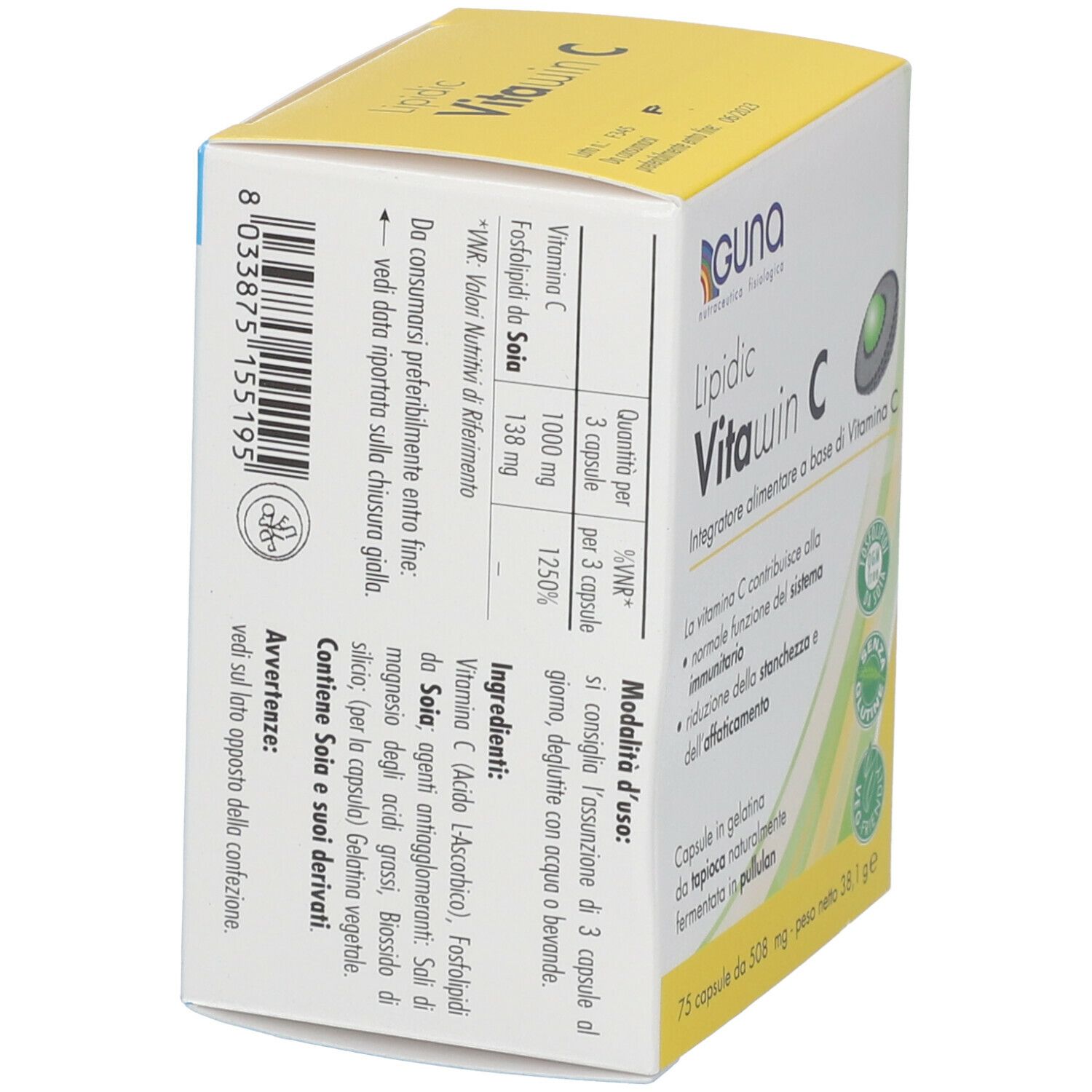 Retro della scatola gialla GUNA Lipidic Vitawin C. Informazioni sul prodotto e ingredienti.