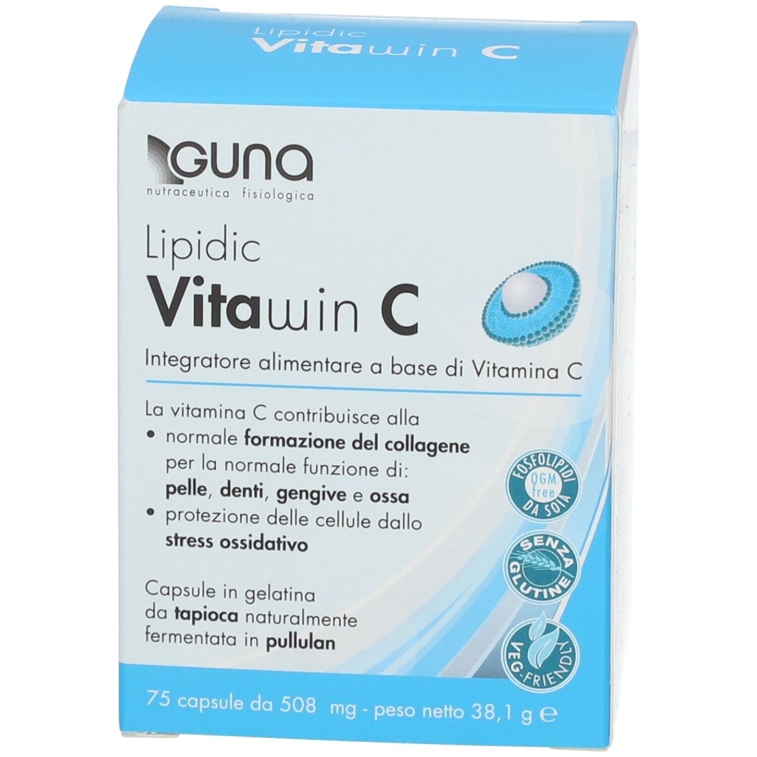 Scatola blu GUNA Lipidic Vitawin C. Informazioni sul prodotto, logo e certificazioni visibili.