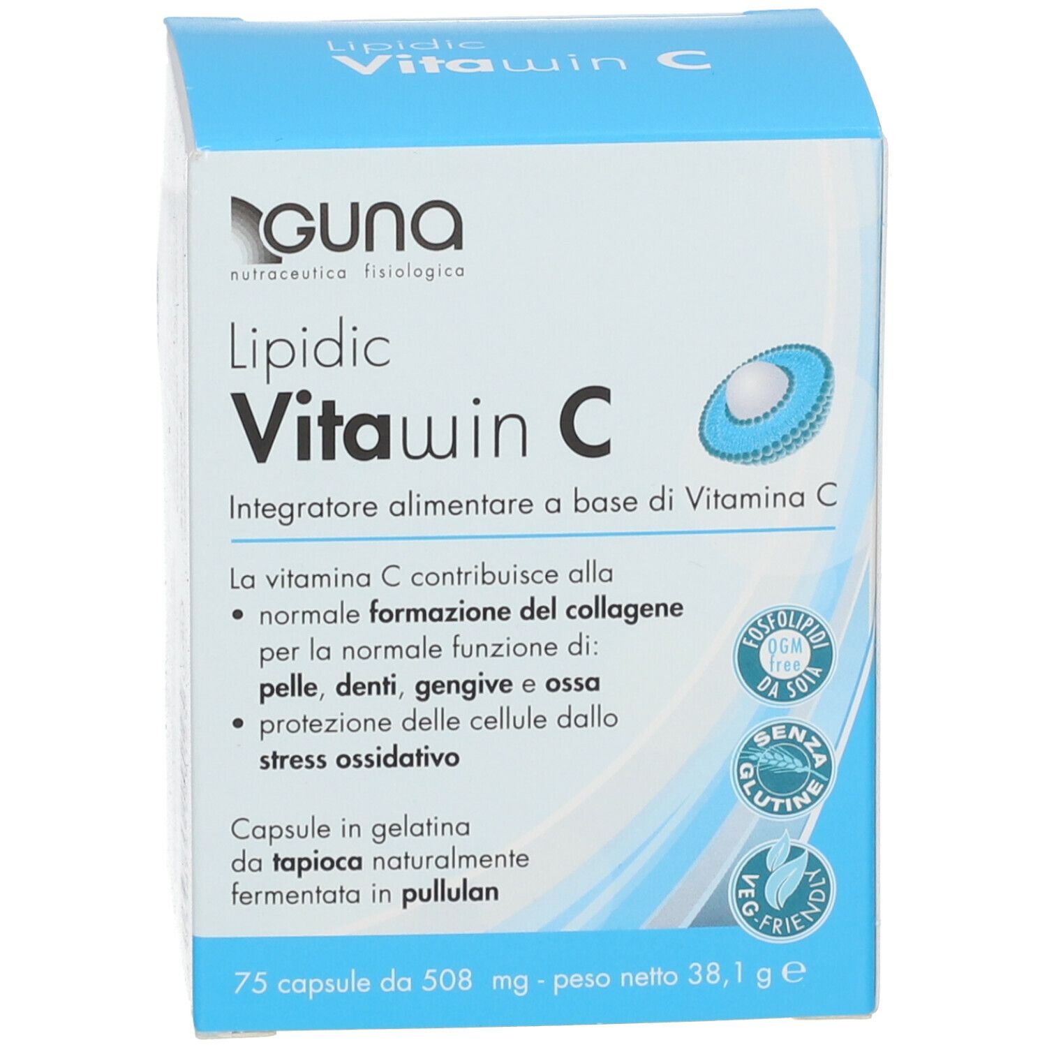 Scatola blu GUNA Lipidic Vitawin C. Informazioni sul prodotto, logo e certificazioni visibili.