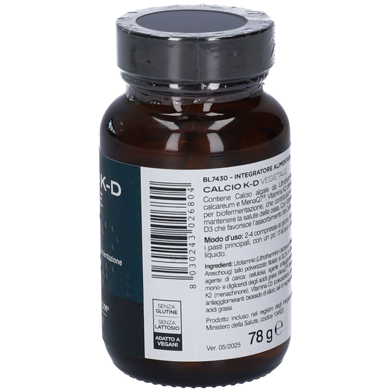 Rückseite der Flasche mit Barcode, Zertifizierungen und Verfallsdatum Ver. 05/2025.