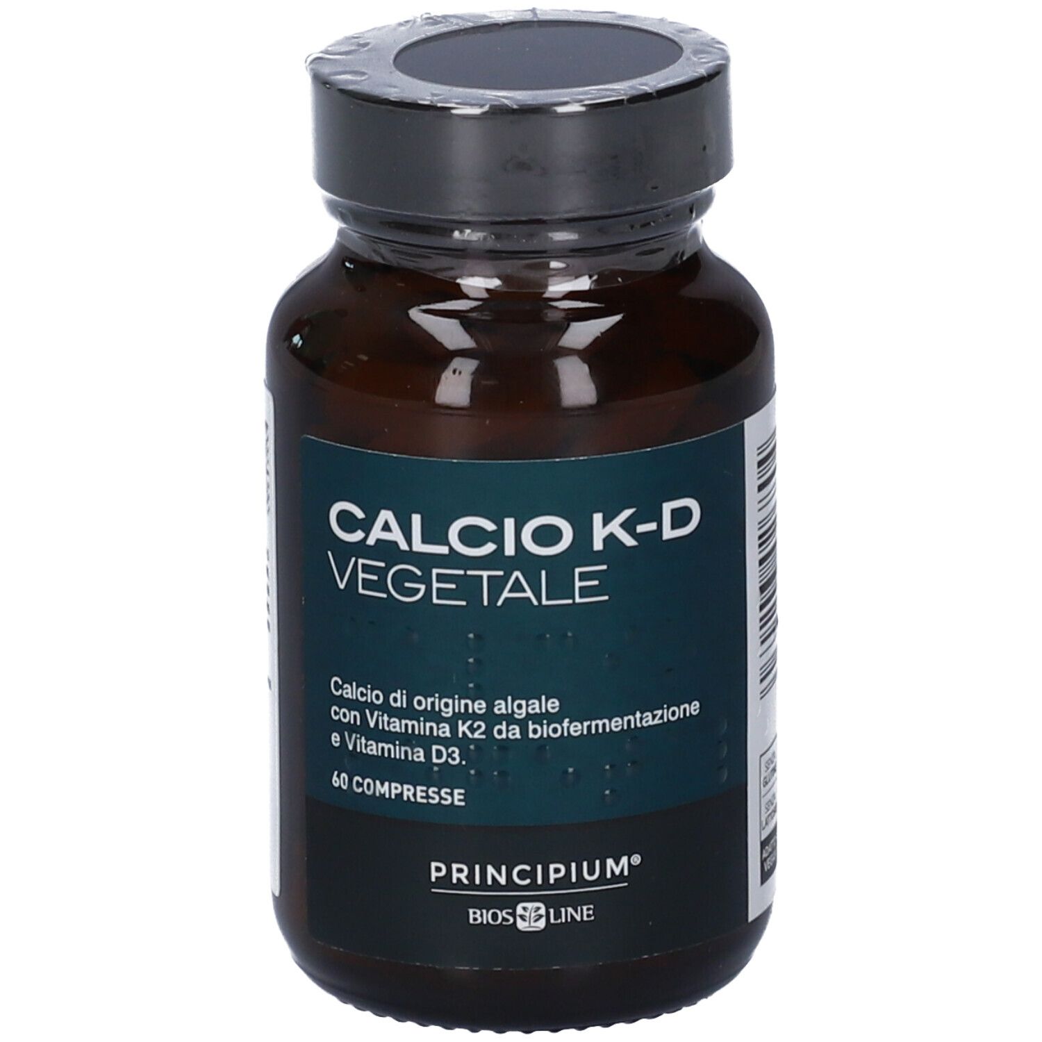 Flasche mit Etikett „CALCIO K-D VEGETALE“, „60 COMPRESSE“ und „PRINCIPIUM BIOS LINE“.