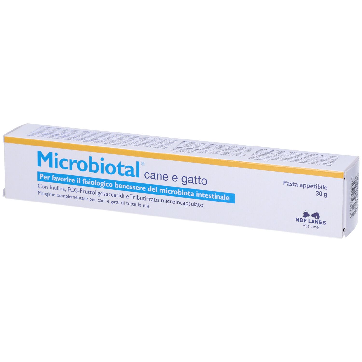 Confezione bianca e blu con nome del prodotto e ingredienti. Scritta: Pasta appetibile 30g.