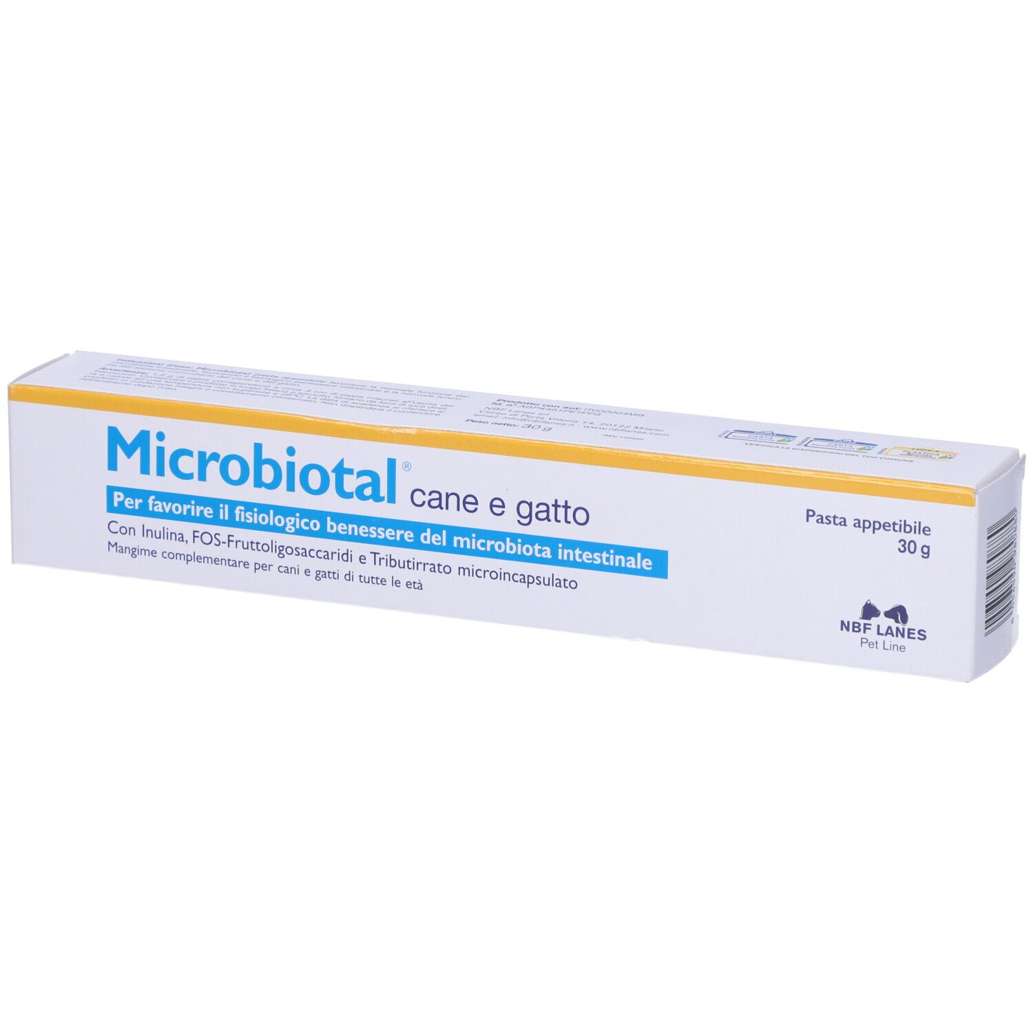 Confezione bianca e blu con nome del prodotto e ingredienti. Scritta: Pasta appetibile 30g.