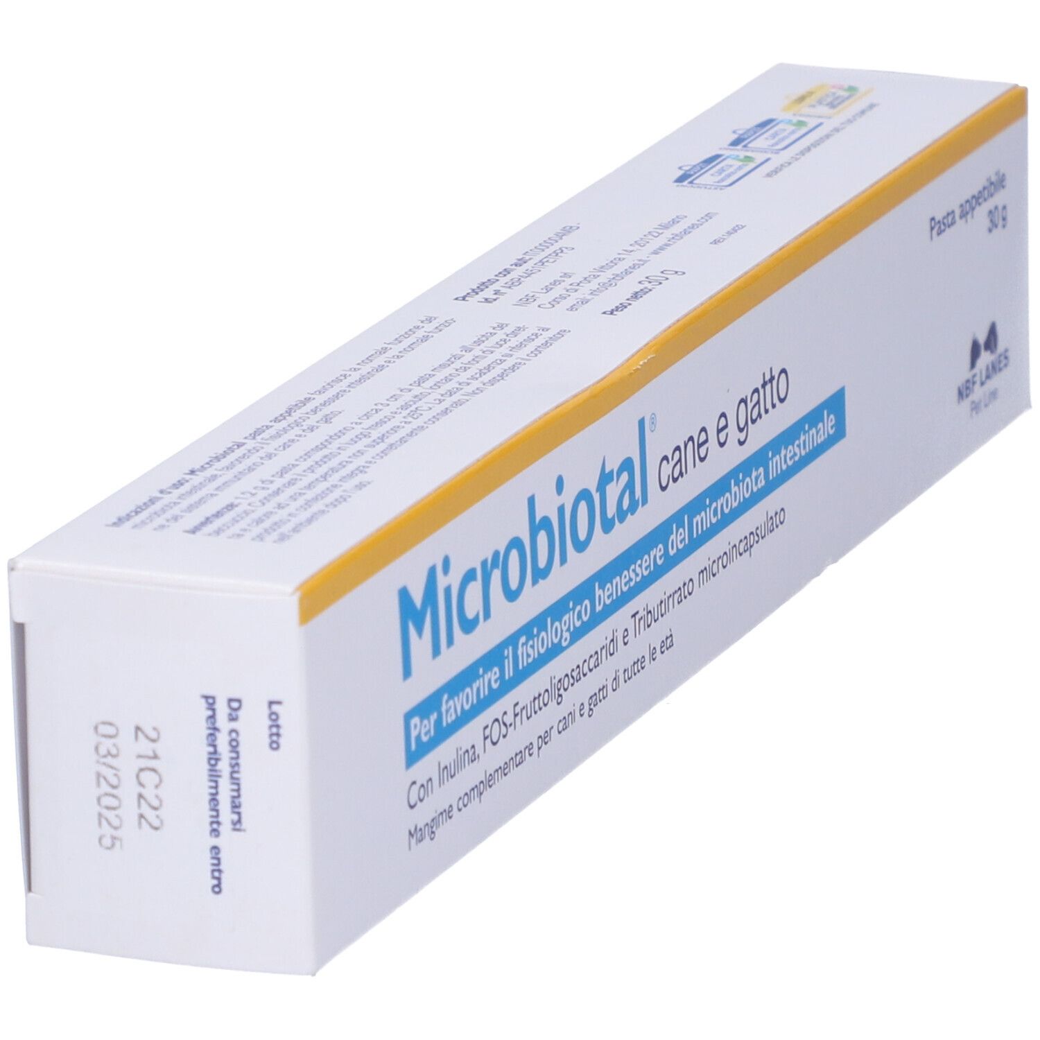 Confezione bianca e blu con nome del prodotto e ingredienti. Scritta: Pasta appetibile 30g. Data di scadenza.